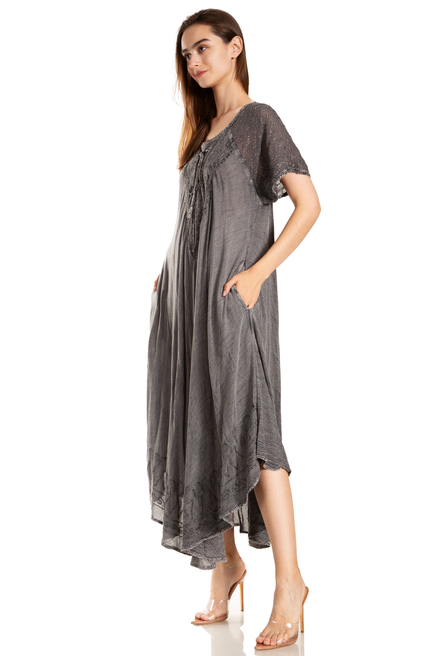 Sakkas Egan Women's Long Embroidered Caftan Dress / Cover Up With Embroidered Cap Sleeves - Concordia Style Boutique