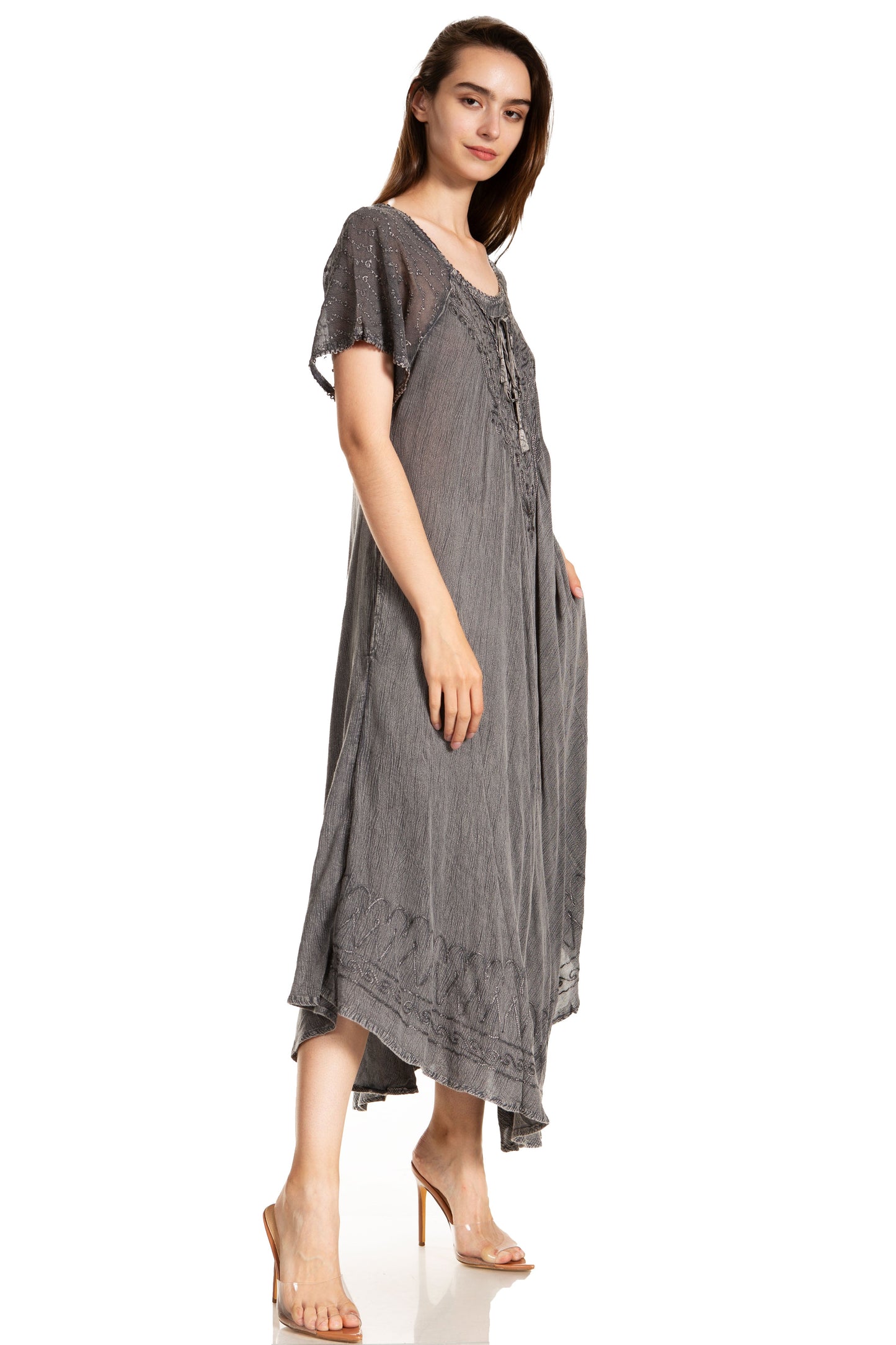 Sakkas Egan Women's Long Embroidered Caftan Dress / Cover Up With Embroidered Cap Sleeves - Concordia Style Boutique