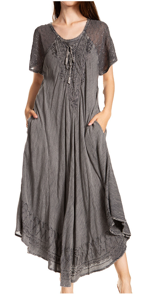 Sakkas Egan Women's Long Embroidered Caftan Dress / Cover Up With Embroidered Cap Sleeves - Concordia Style Boutique