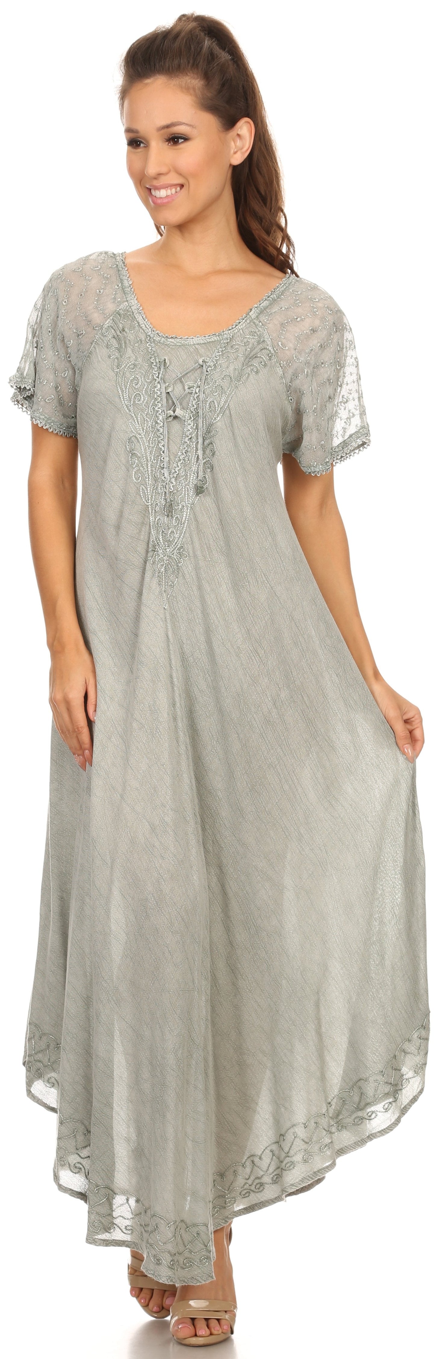Sakkas Egan Women's Long Embroidered Caftan Dress / Cover Up With Embroidered Cap Sleeves - Concordia Style Boutique