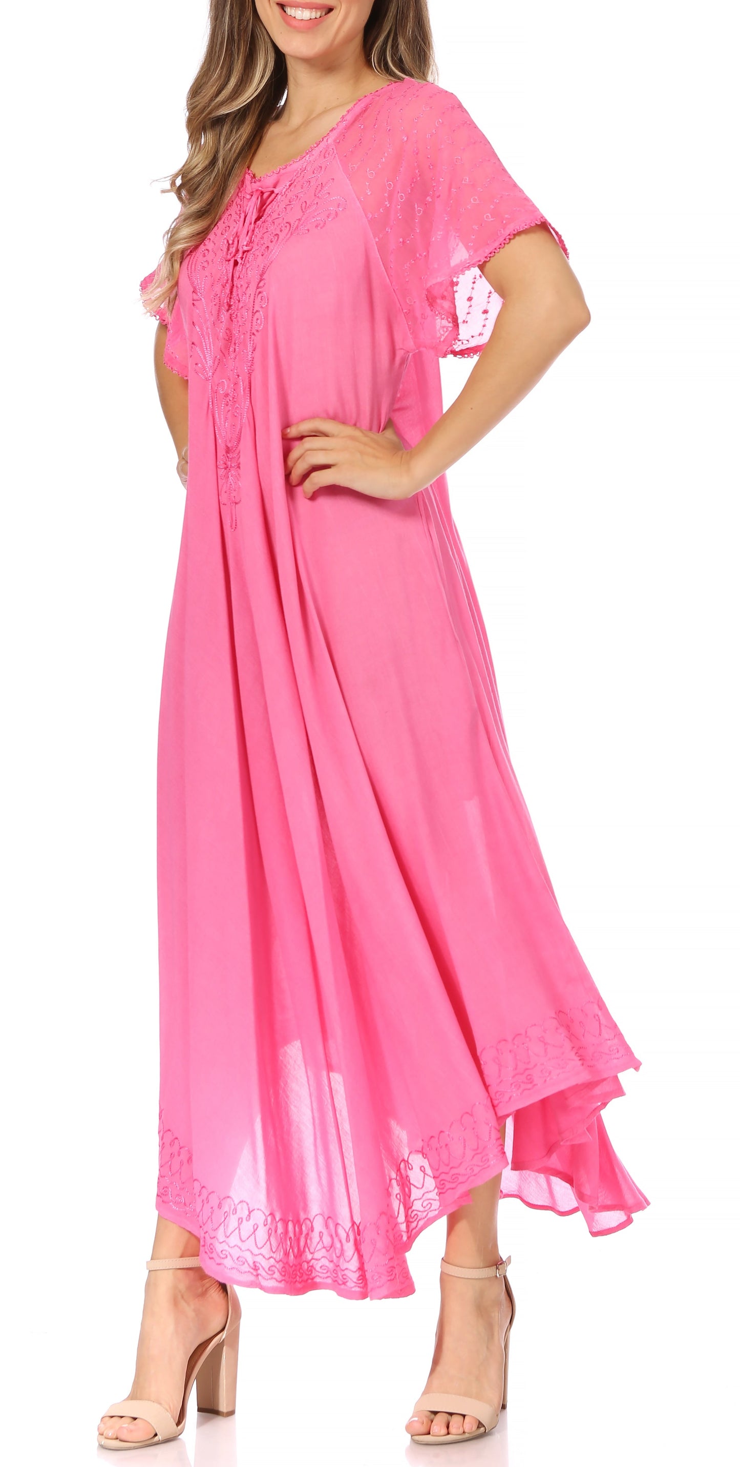 Sakkas Egan Women's Long Embroidered Caftan Dress / Cover Up With Embroidered Cap Sleeves - Concordia Style Boutique