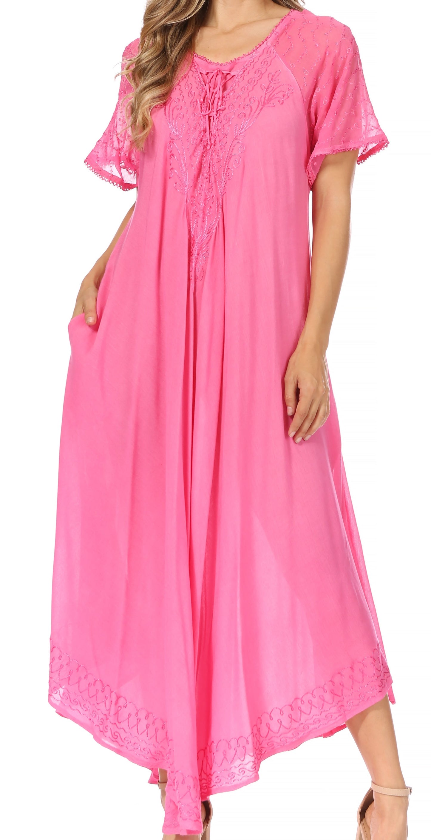 Sakkas Egan Women's Long Embroidered Caftan Dress / Cover Up With Embroidered Cap Sleeves - Concordia Style Boutique