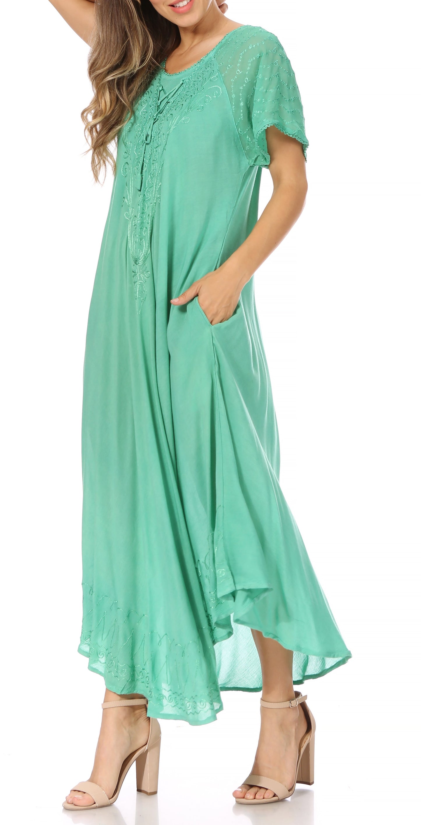 Sakkas Egan Women's Long Embroidered Caftan Dress / Cover Up With Embroidered Cap Sleeves - Concordia Style Boutique