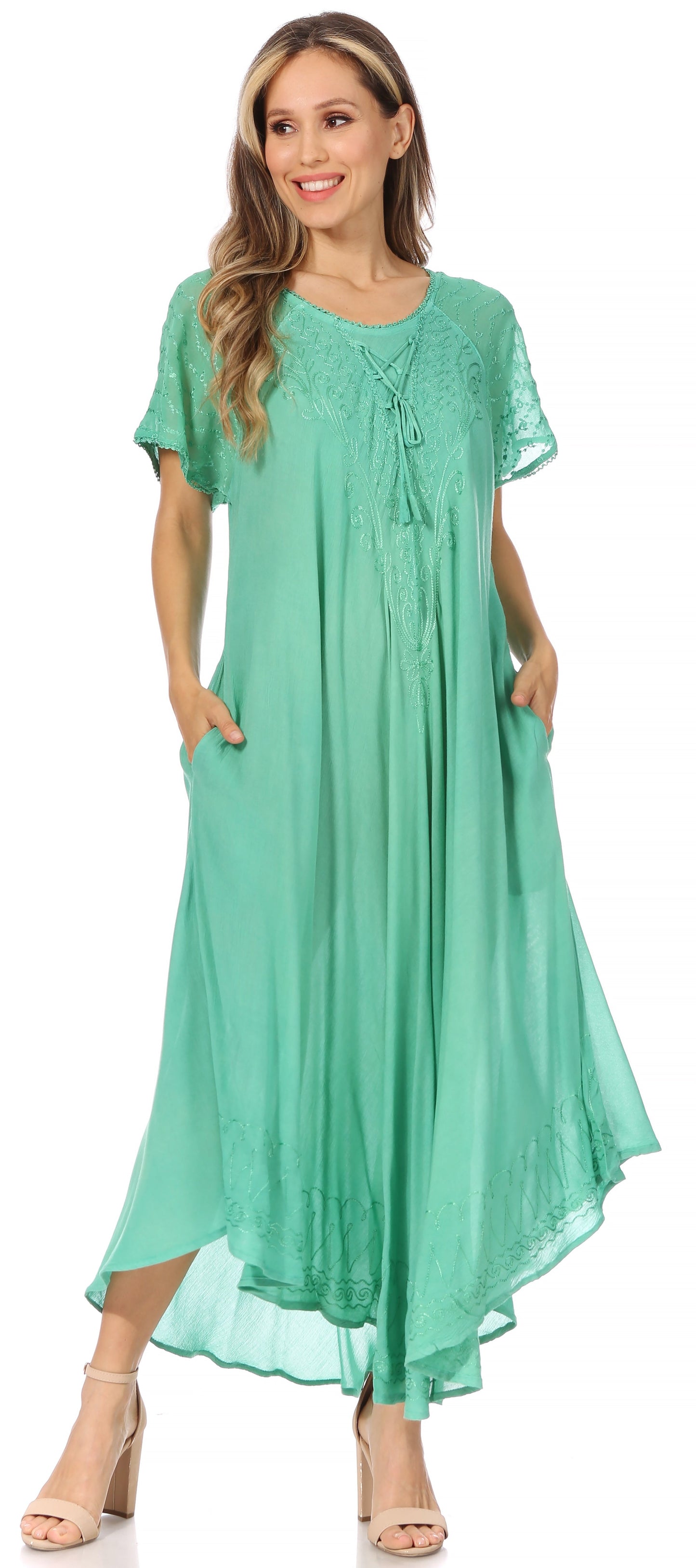Sakkas Egan Women's Long Embroidered Caftan Dress / Cover Up With Embroidered Cap Sleeves - Concordia Style Boutique