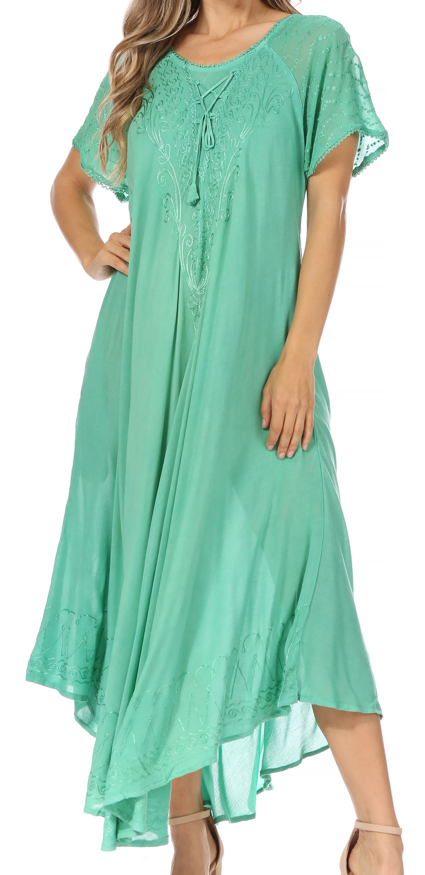 Sakkas Egan Women's Long Embroidered Caftan Dress / Cover Up With Embroidered Cap Sleeves - Concordia Style Boutique