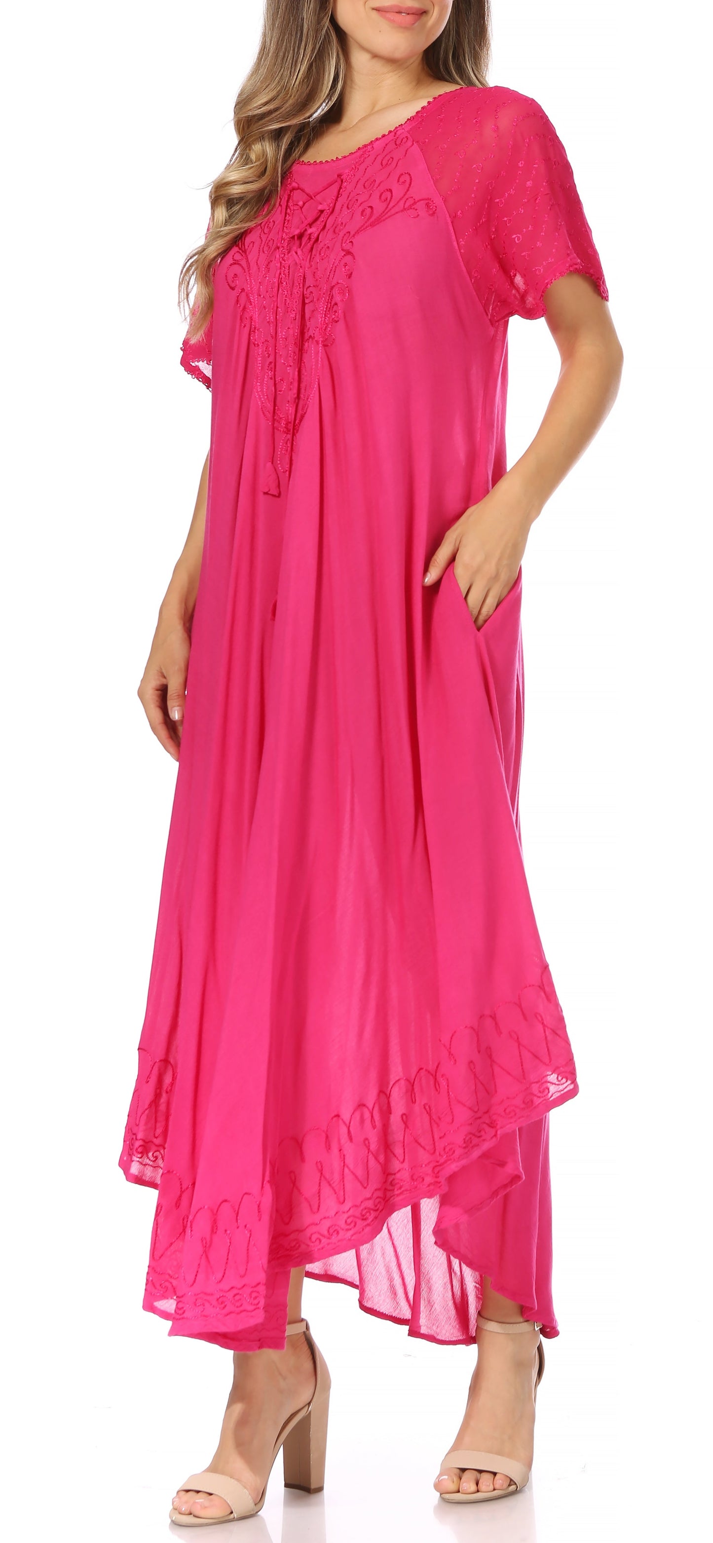 Sakkas Egan Women's Long Embroidered Caftan Dress / Cover Up With Embroidered Cap Sleeves - Concordia Style Boutique
