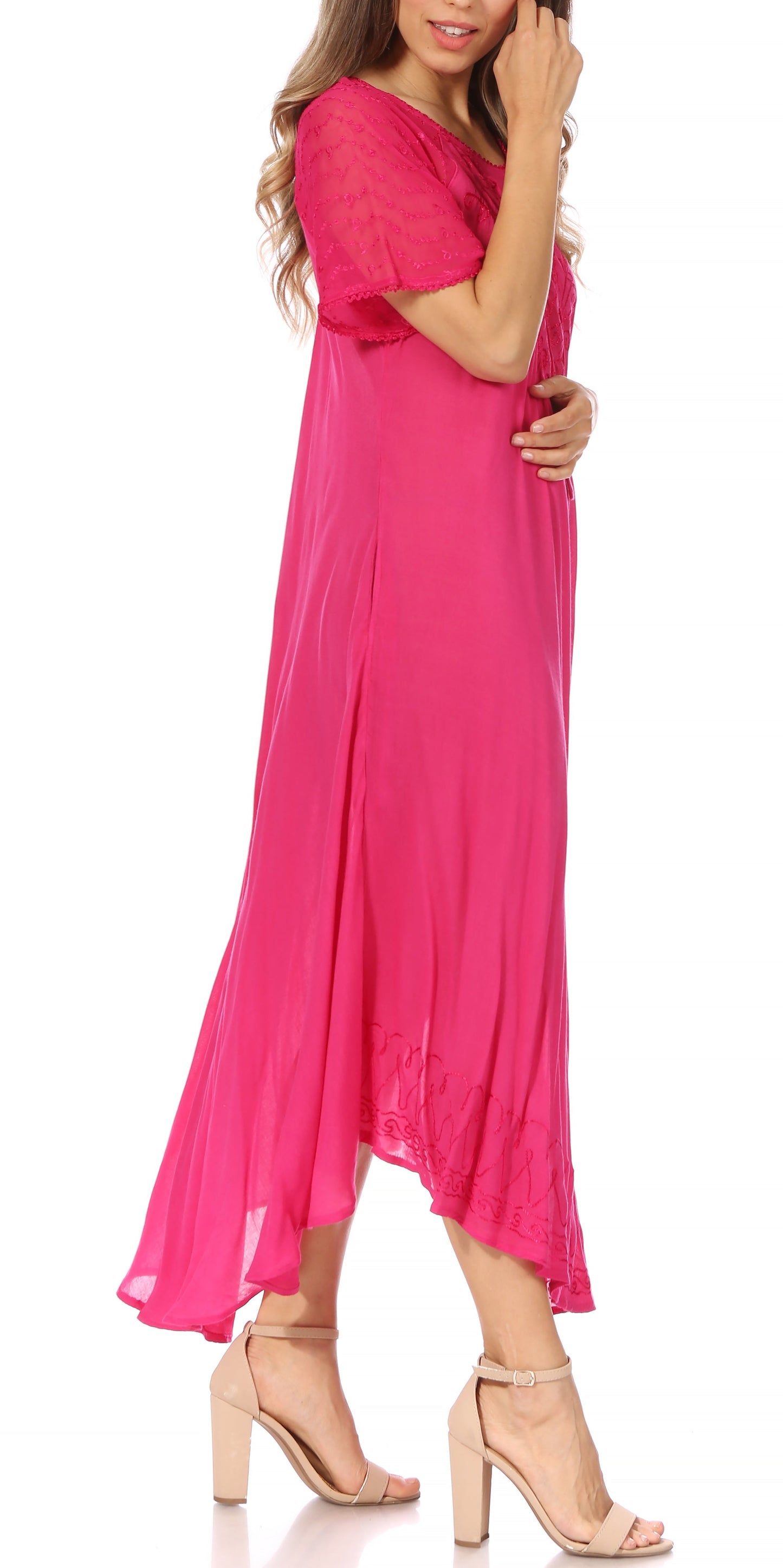 Sakkas Egan Women's Long Embroidered Caftan Dress / Cover Up With Embroidered Cap Sleeves - Concordia Style Boutique