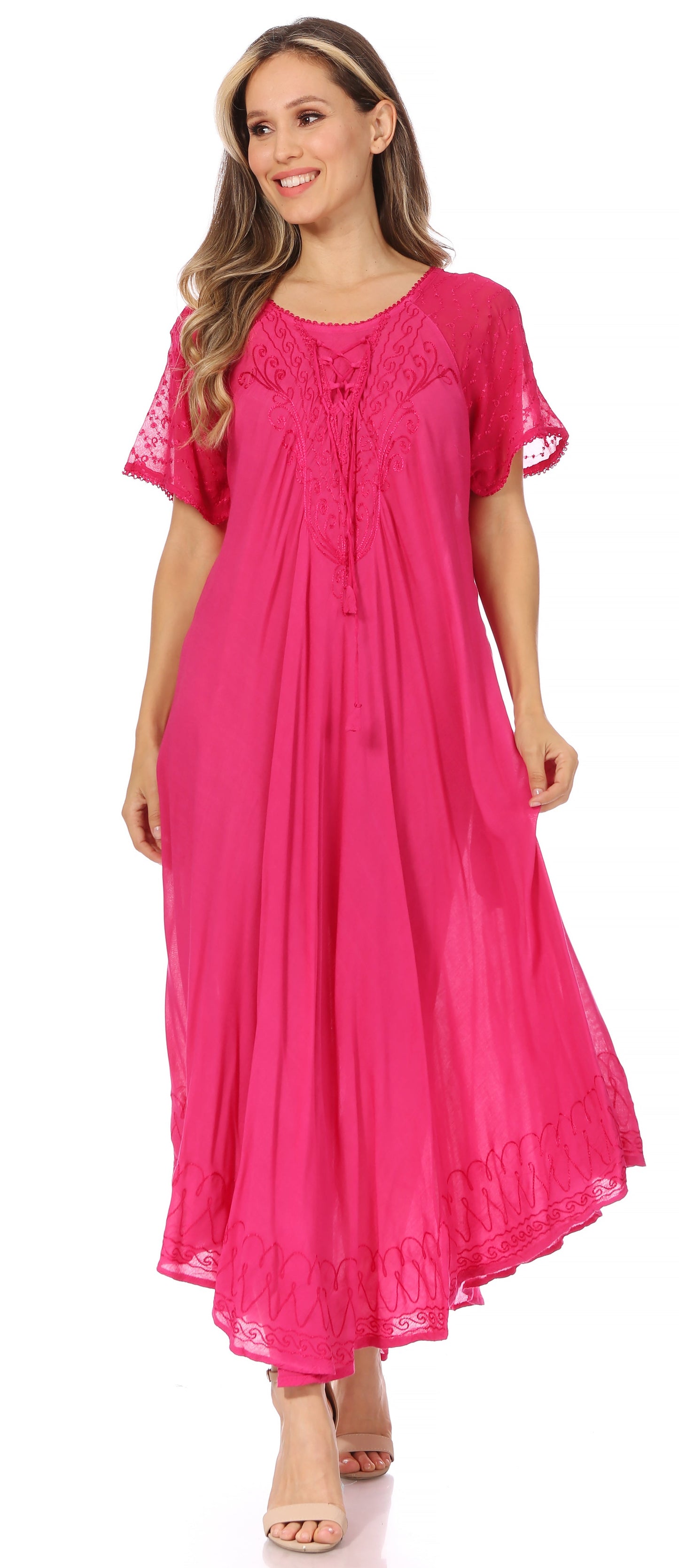Sakkas Egan Women's Long Embroidered Caftan Dress / Cover Up With Embroidered Cap Sleeves - Concordia Style Boutique
