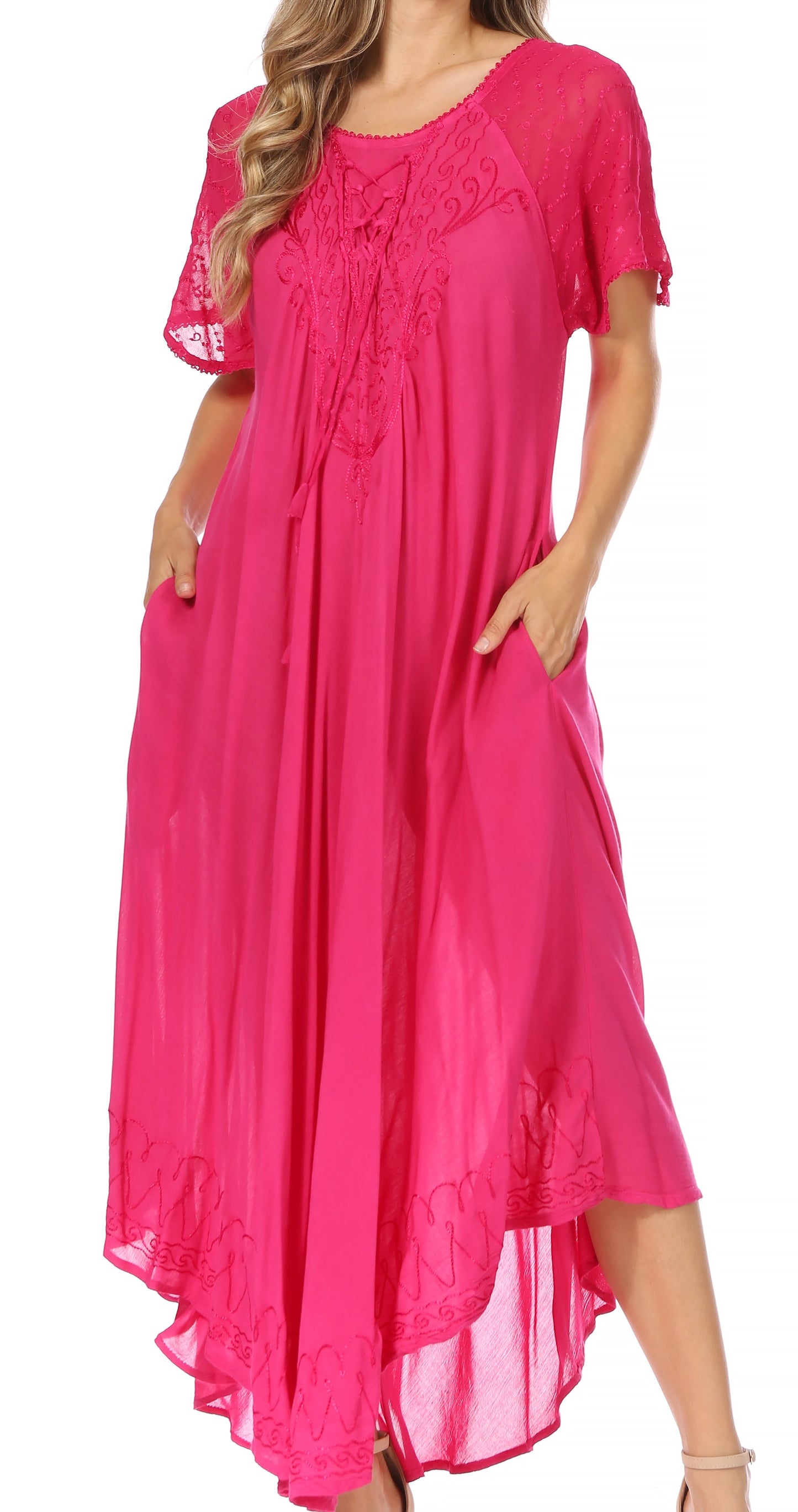 Sakkas Egan Women's Long Embroidered Caftan Dress / Cover Up With Embroidered Cap Sleeves - Concordia Style Boutique