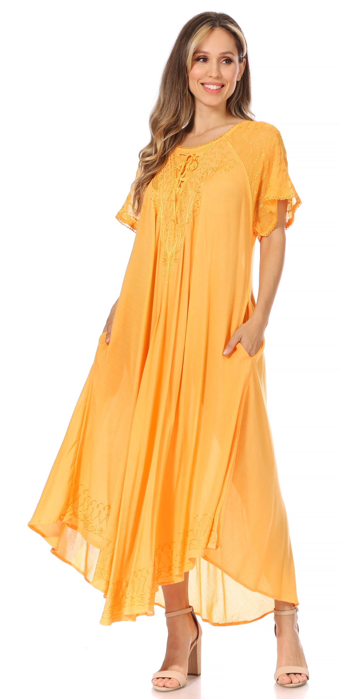 Sakkas Egan Women's Long Embroidered Caftan Dress / Cover Up With Embroidered Cap Sleeves - Concordia Style Boutique