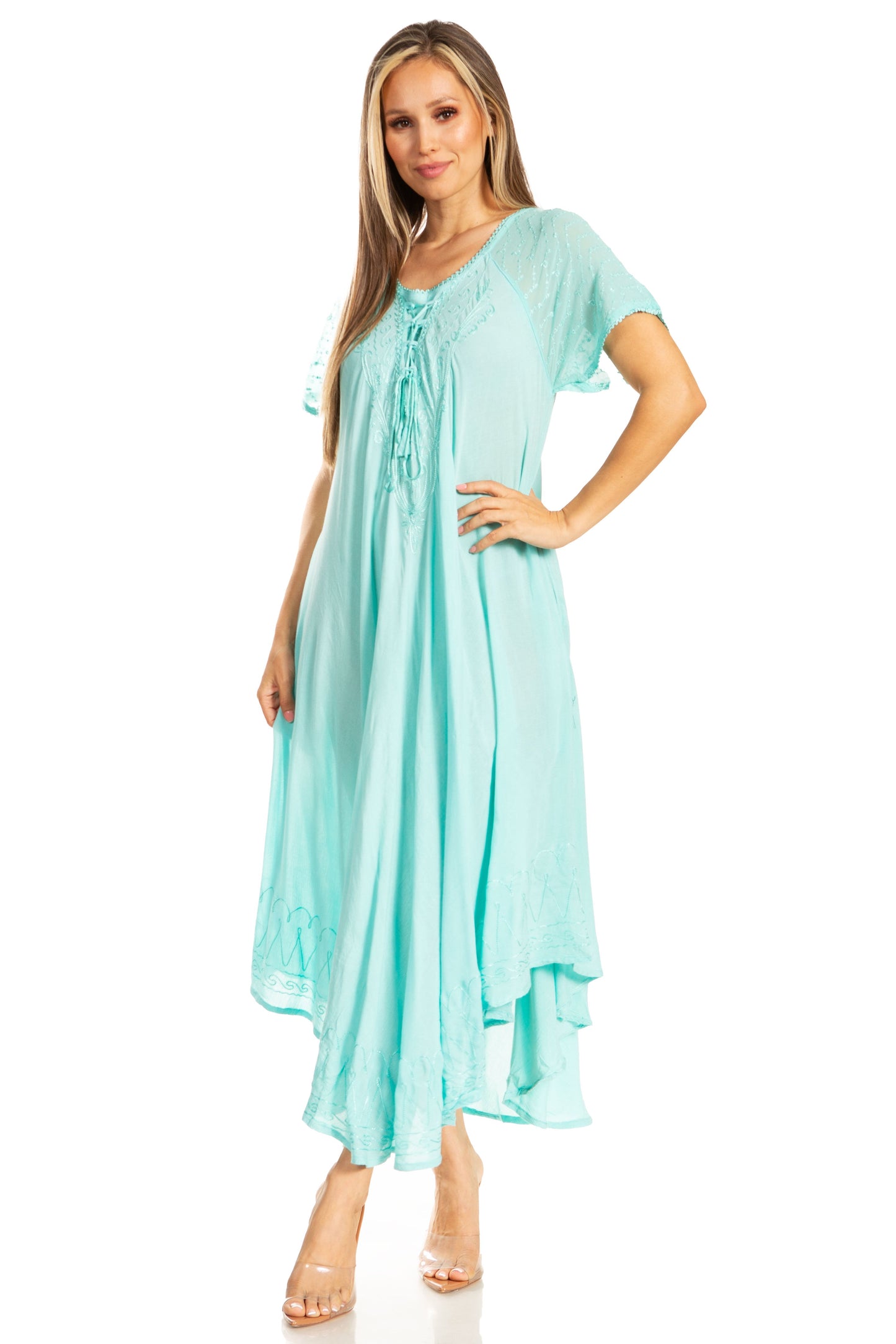 Sakkas Egan Women's Long Embroidered Caftan Dress / Cover Up With Embroidered Cap Sleeves - Concordia Style Boutique