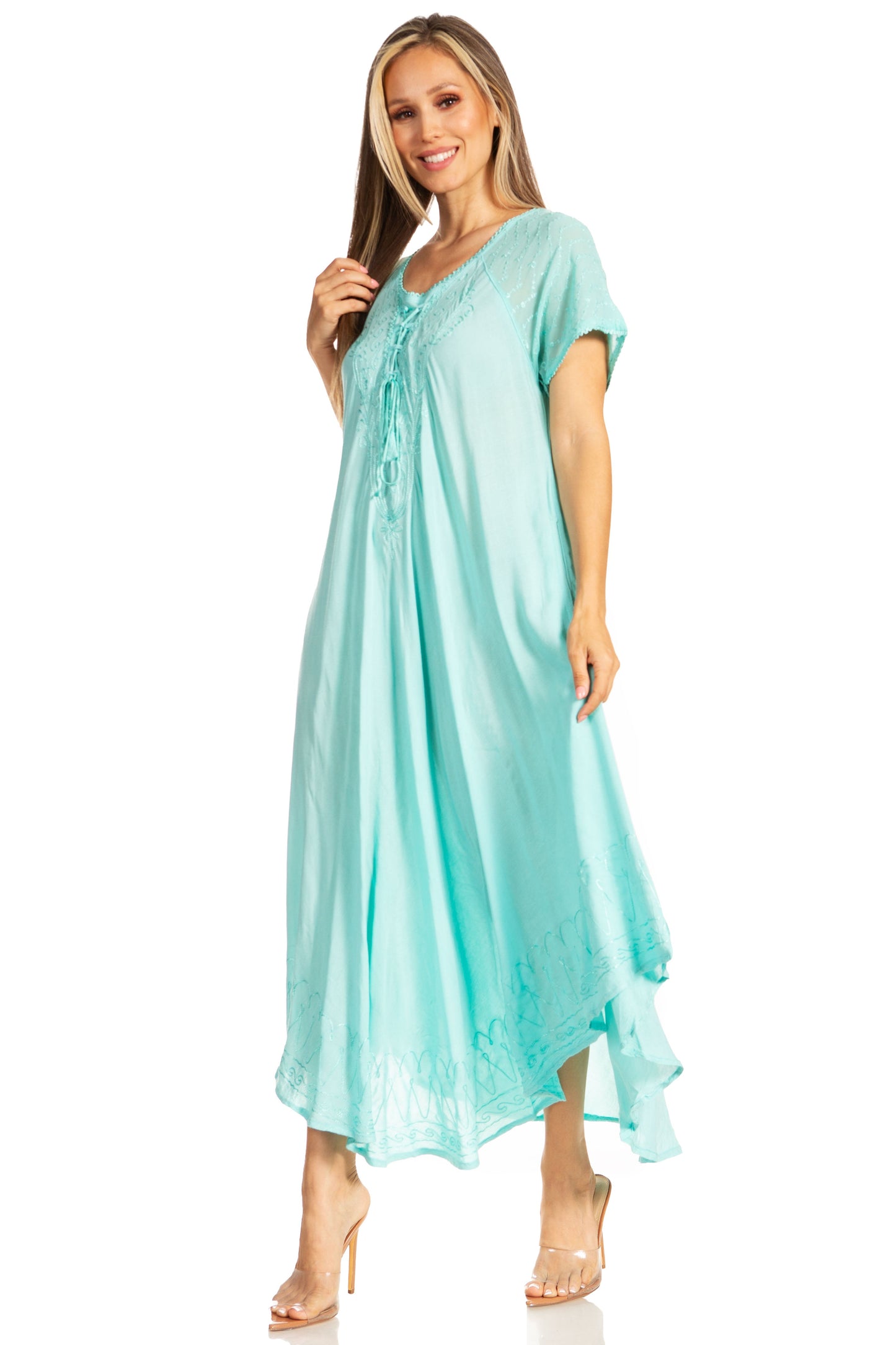 Sakkas Egan Women's Long Embroidered Caftan Dress / Cover Up With Embroidered Cap Sleeves - Concordia Style Boutique