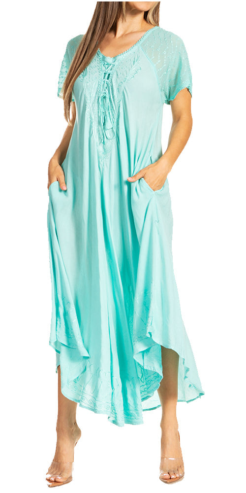 Sakkas Egan Women's Long Embroidered Caftan Dress / Cover Up With Embroidered Cap Sleeves - Concordia Style Boutique