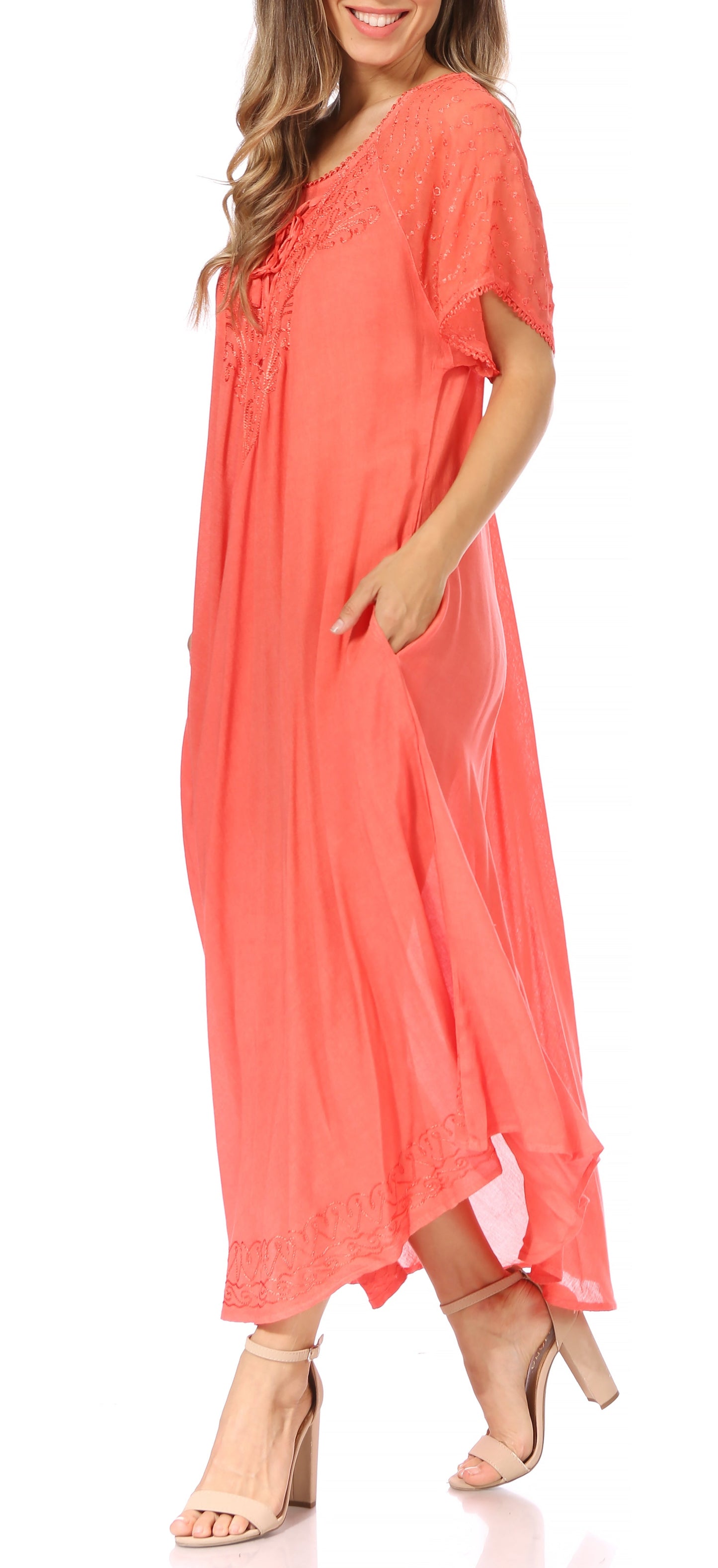 Sakkas Egan Women's Long Embroidered Caftan Dress / Cover Up With Embroidered Cap Sleeves - Concordia Style Boutique