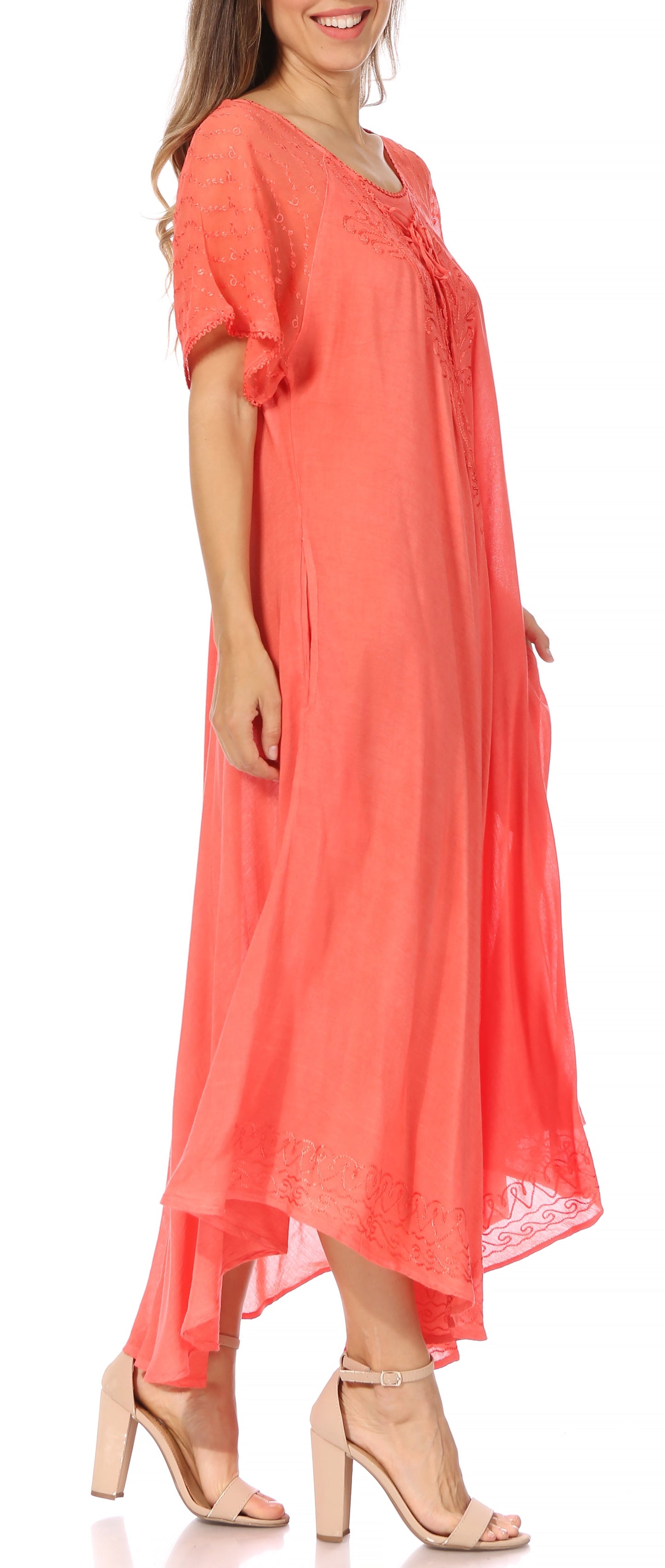 Sakkas Egan Women's Long Embroidered Caftan Dress / Cover Up With Embroidered Cap Sleeves - Concordia Style Boutique