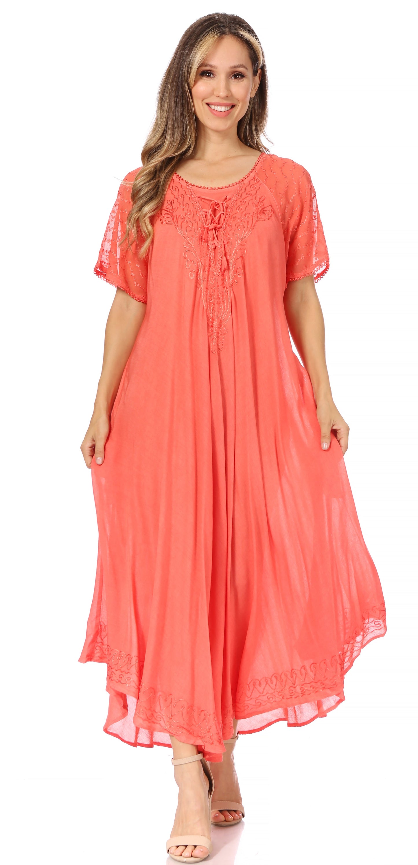 Sakkas Egan Women's Long Embroidered Caftan Dress / Cover Up With Embroidered Cap Sleeves - Concordia Style Boutique