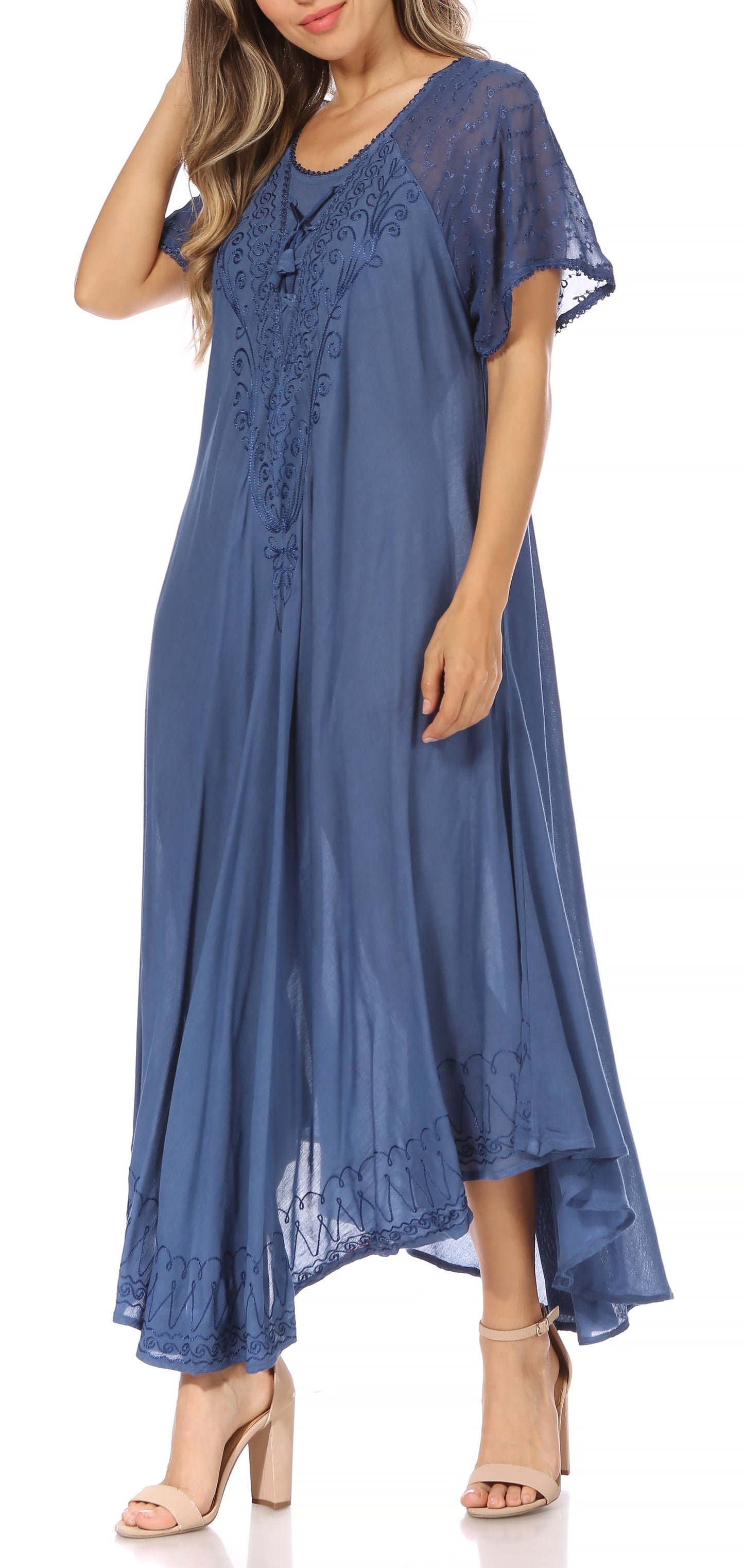 Sakkas Egan Women's Long Embroidered Caftan Dress / Cover Up With Embroidered Cap Sleeves - Concordia Style Boutique