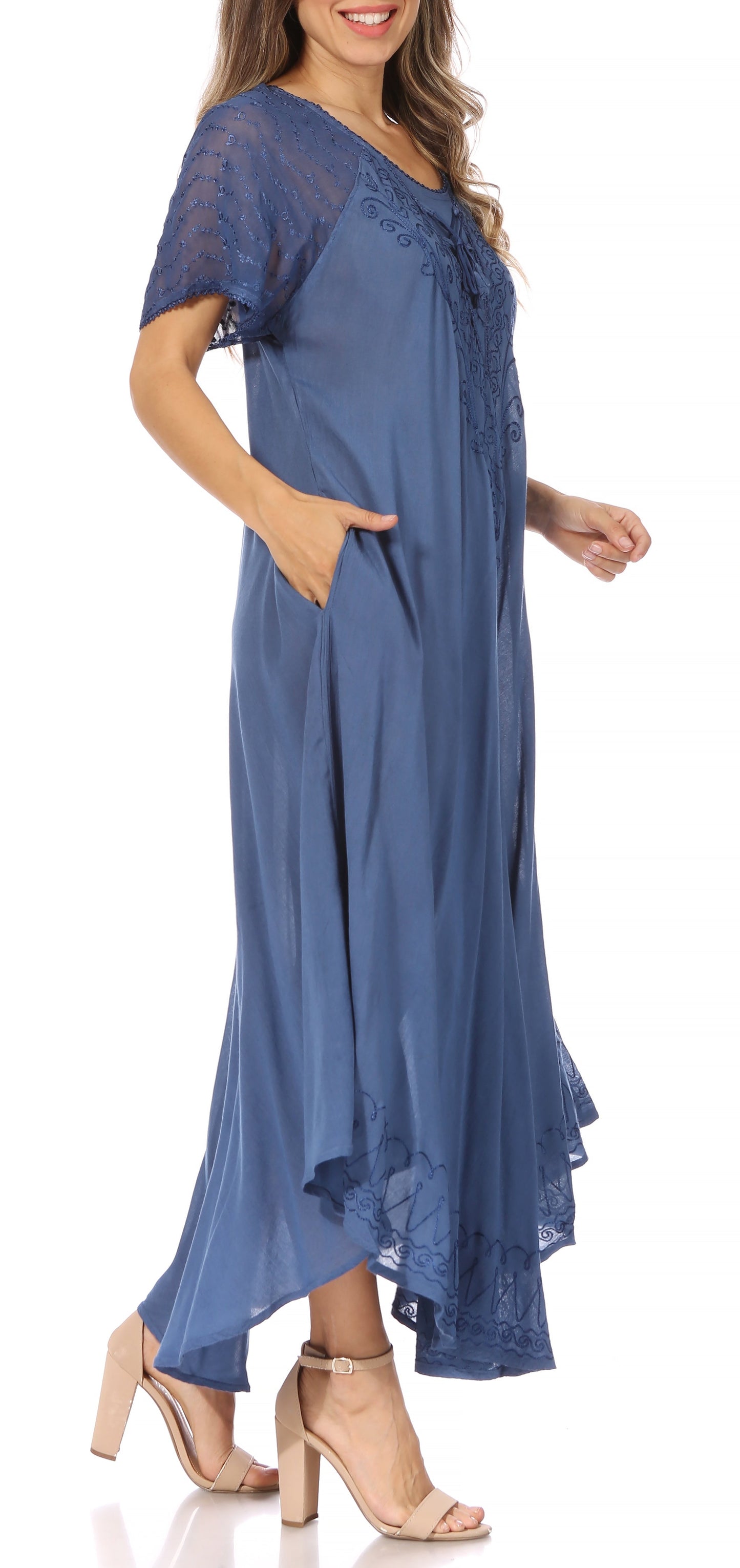 Sakkas Egan Women's Long Embroidered Caftan Dress / Cover Up With Embroidered Cap Sleeves - Concordia Style Boutique