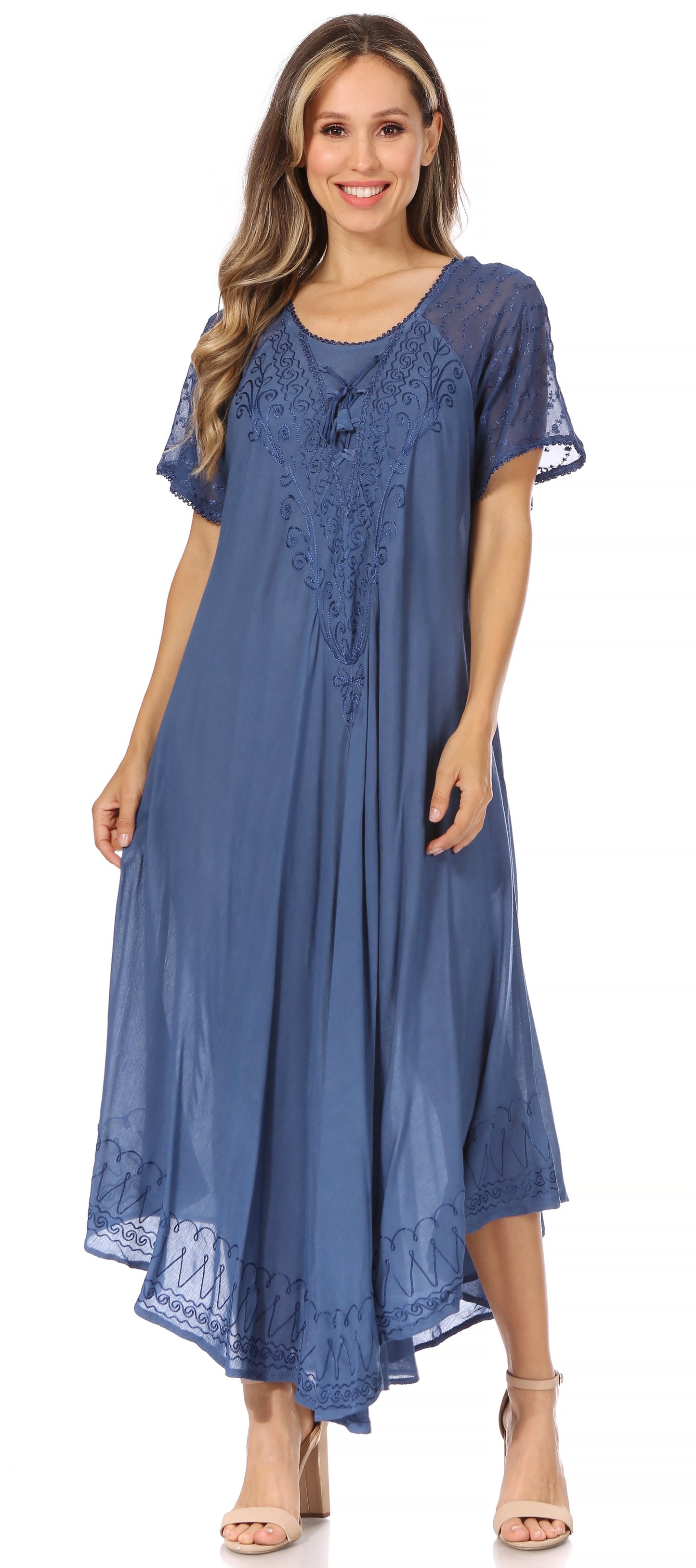 Sakkas Egan Women's Long Embroidered Caftan Dress / Cover Up With Embroidered Cap Sleeves - Concordia Style Boutique
