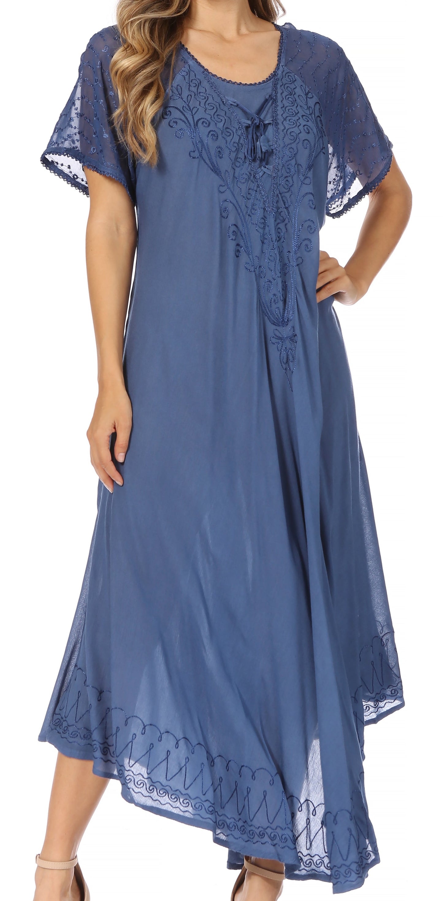 Sakkas Egan Women's Long Embroidered Caftan Dress / Cover Up With Embroidered Cap Sleeves - Concordia Style Boutique