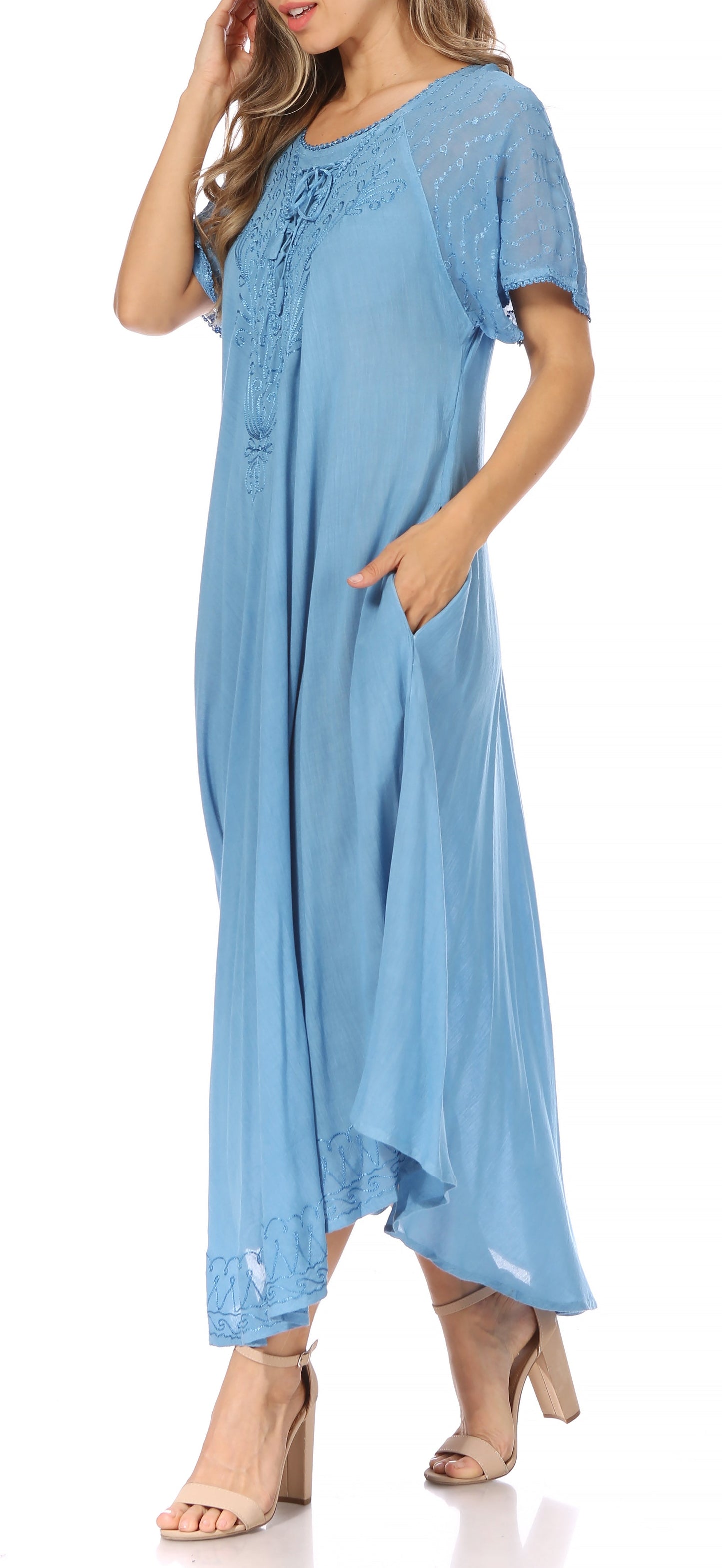 Sakkas Egan Women's Long Embroidered Caftan Dress / Cover Up With Embroidered Cap Sleeves - Concordia Style Boutique