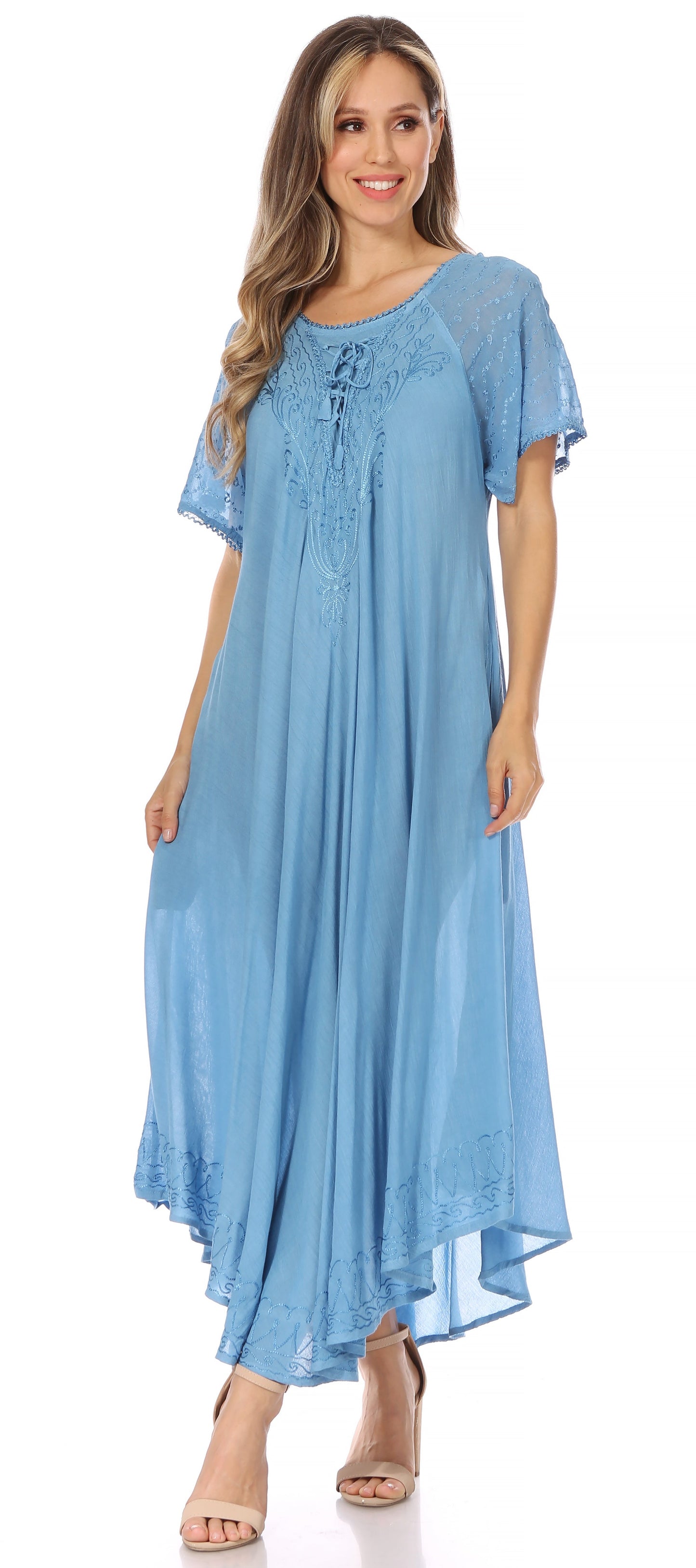Sakkas Egan Women's Long Embroidered Caftan Dress / Cover Up With Embroidered Cap Sleeves - Concordia Style Boutique