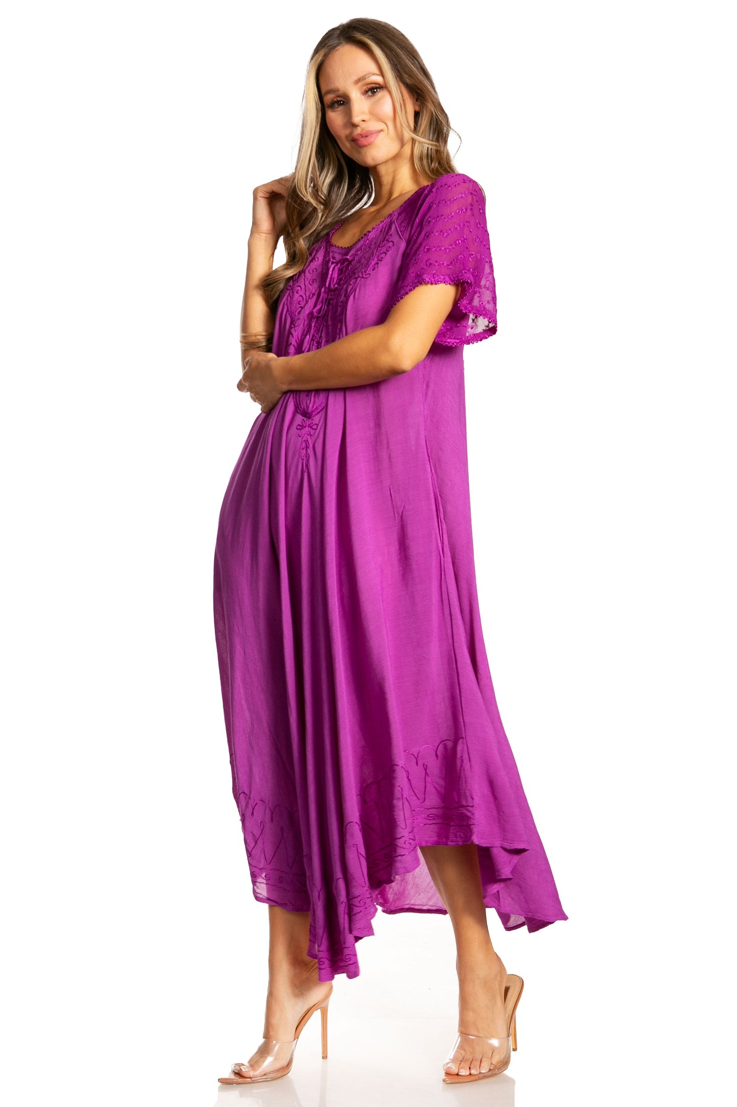 Sakkas Egan Women's Long Embroidered Caftan Dress / Cover Up With Embroidered Cap Sleeves - Concordia Style Boutique