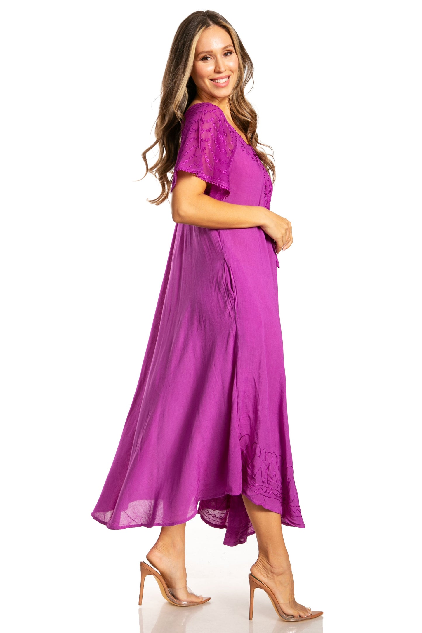 Sakkas Egan Women's Long Embroidered Caftan Dress / Cover Up With Embroidered Cap Sleeves - Concordia Style Boutique