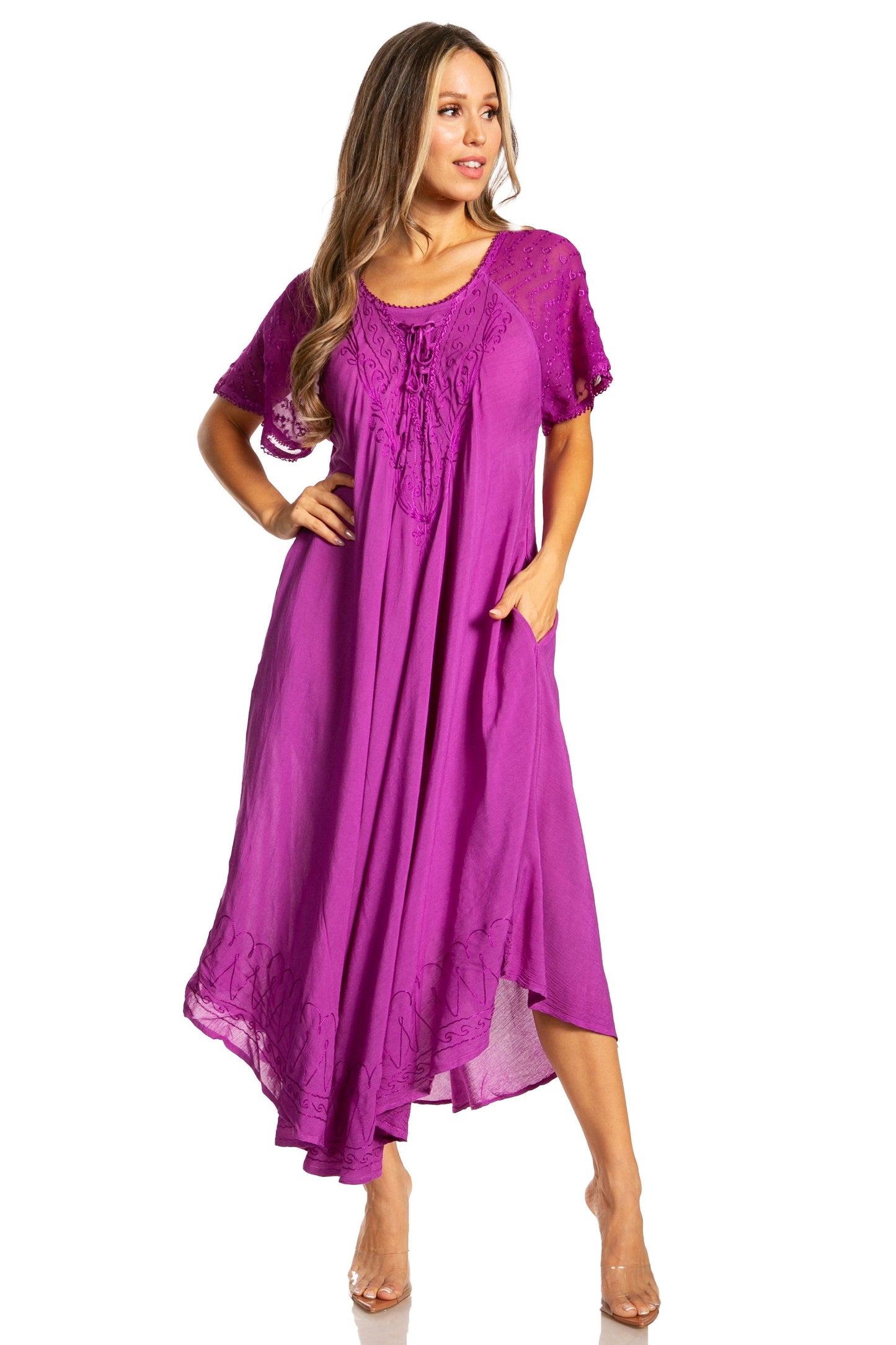 Sakkas Egan Women's Long Embroidered Caftan Dress / Cover Up With Embroidered Cap Sleeves - Concordia Style Boutique