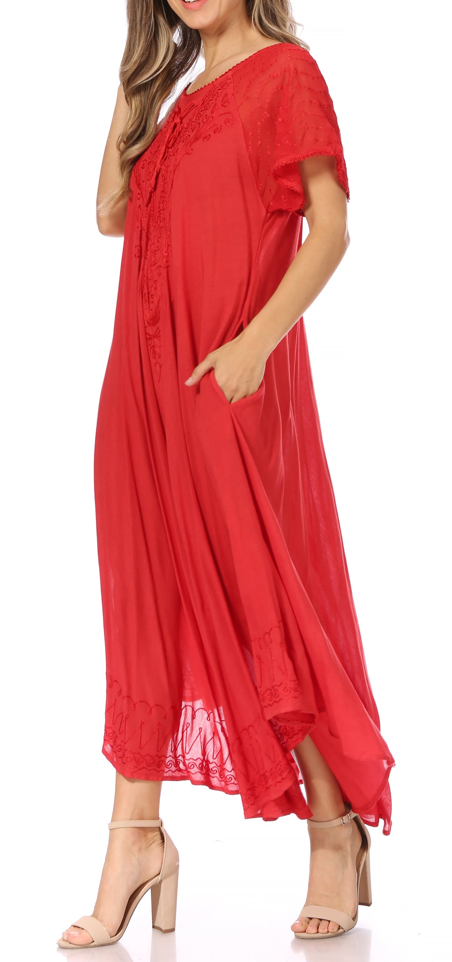Sakkas Egan Women's Long Embroidered Caftan Dress / Cover Up With Embroidered Cap Sleeves - Concordia Style Boutique