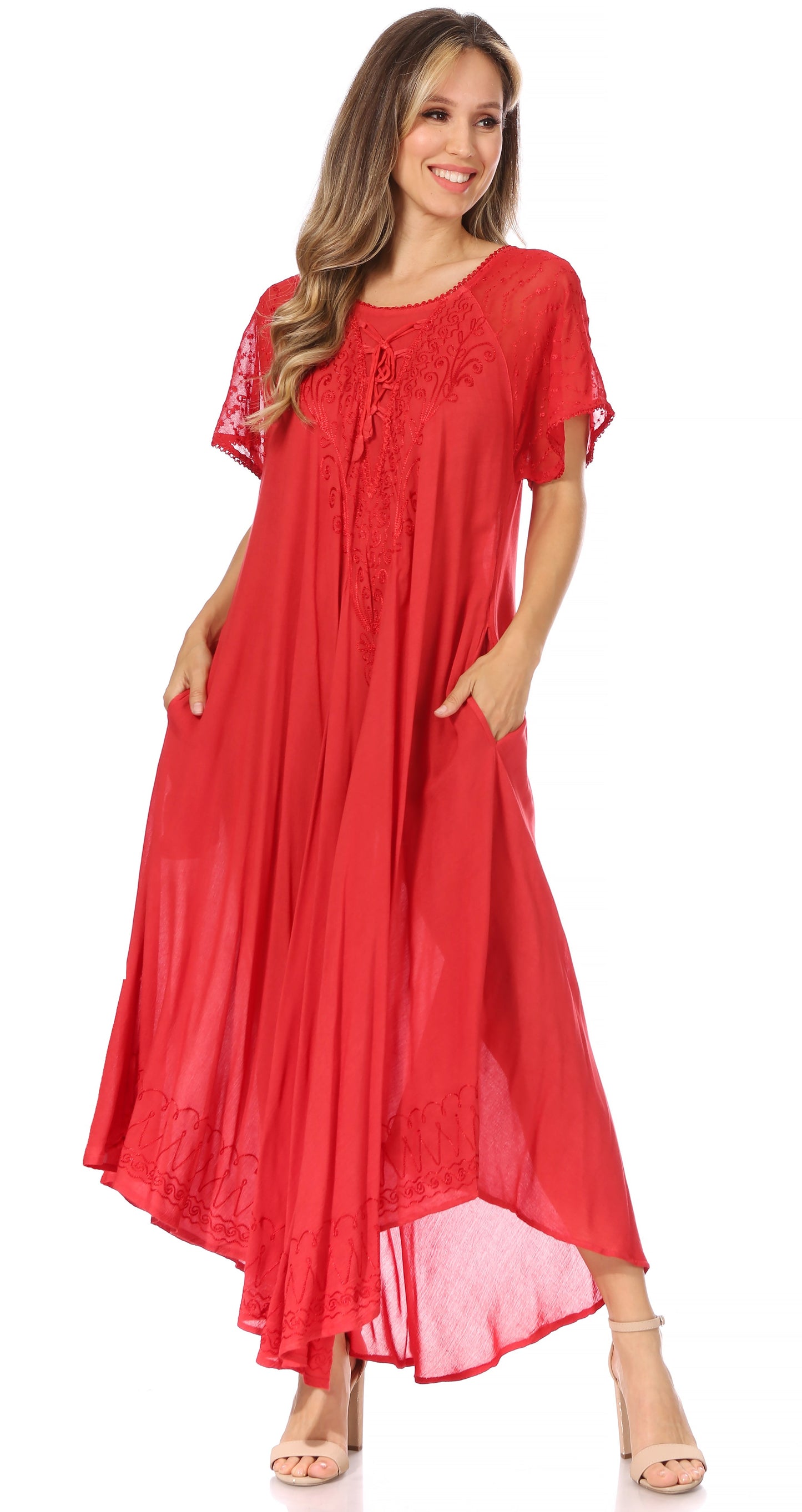 Sakkas Egan Women's Long Embroidered Caftan Dress / Cover Up With Embroidered Cap Sleeves - Concordia Style Boutique