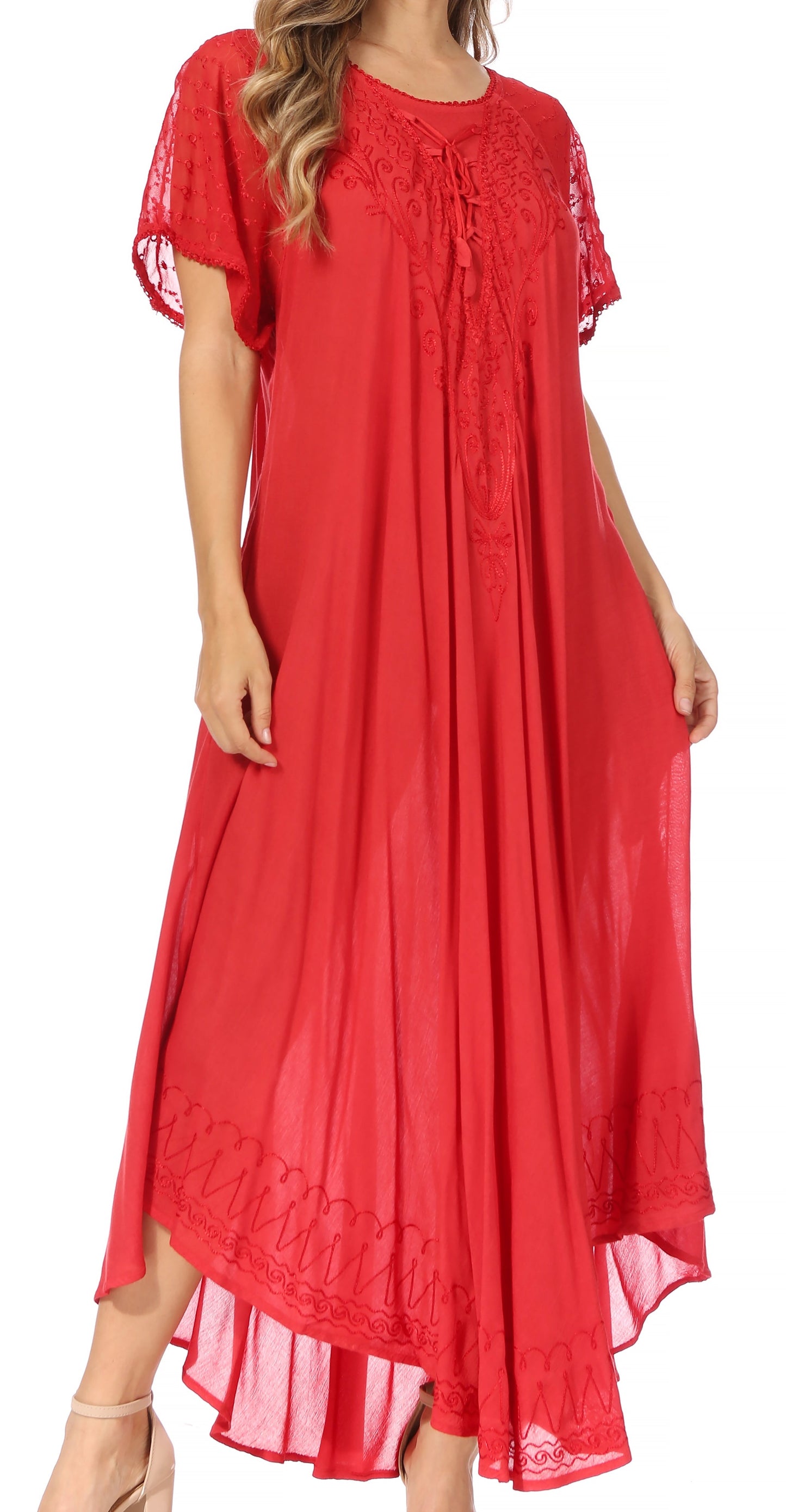 Sakkas Egan Women's Long Embroidered Caftan Dress / Cover Up With Embroidered Cap Sleeves - Concordia Style Boutique