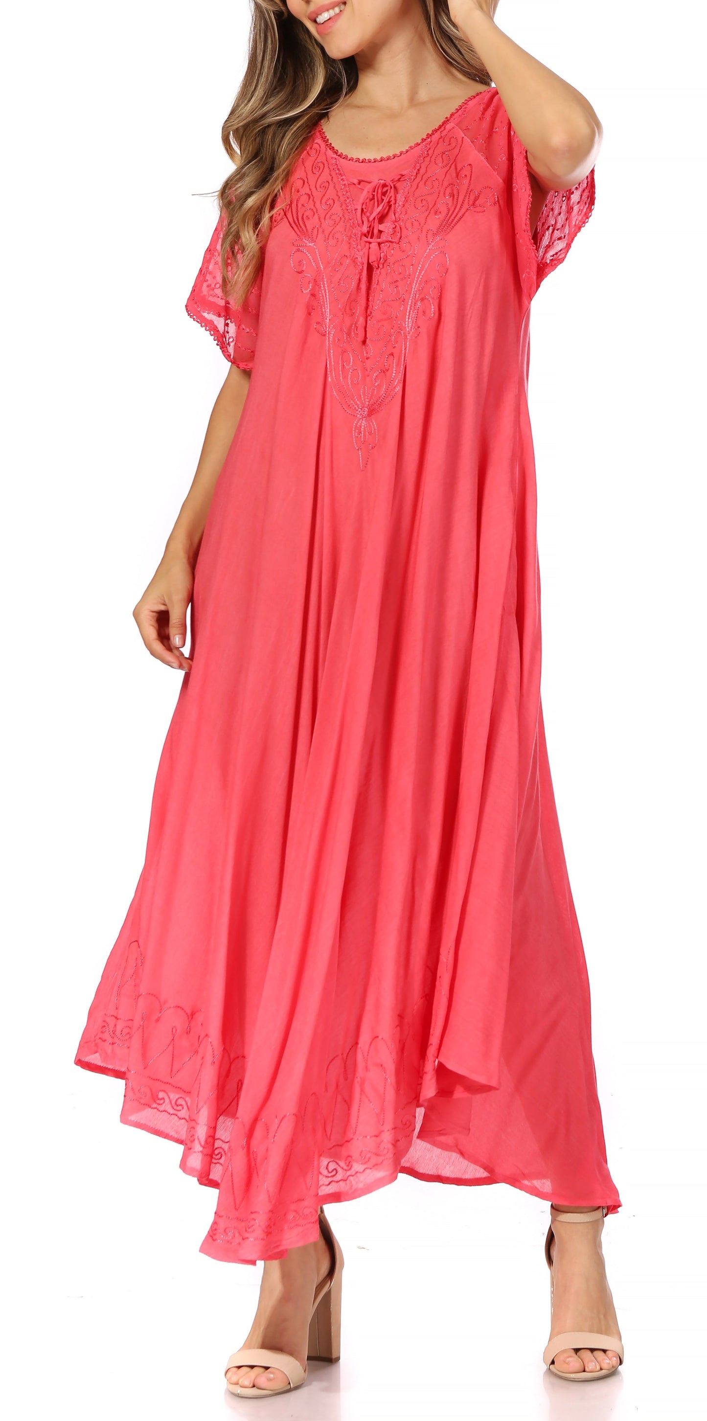 Sakkas Egan Women's Long Embroidered Caftan Dress / Cover Up With Embroidered Cap Sleeves - Concordia Style Boutique