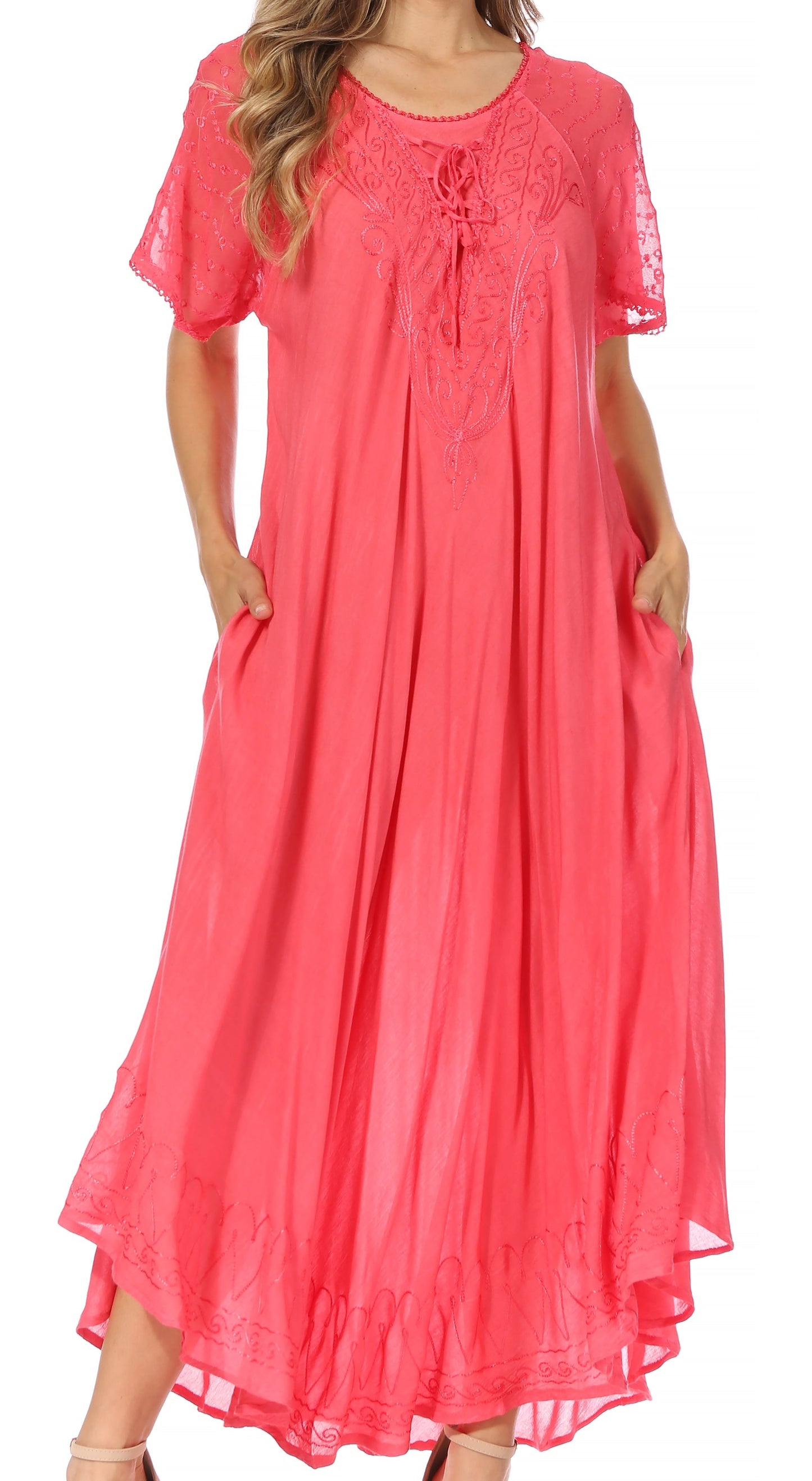Sakkas Egan Women's Long Embroidered Caftan Dress / Cover Up With Embroidered Cap Sleeves - Concordia Style Boutique