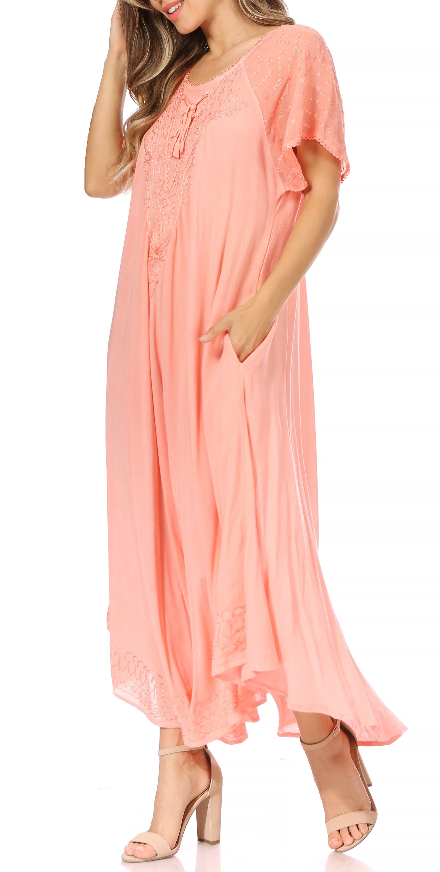 Sakkas Egan Women's Long Embroidered Caftan Dress / Cover Up With Embroidered Cap Sleeves - Concordia Style Boutique