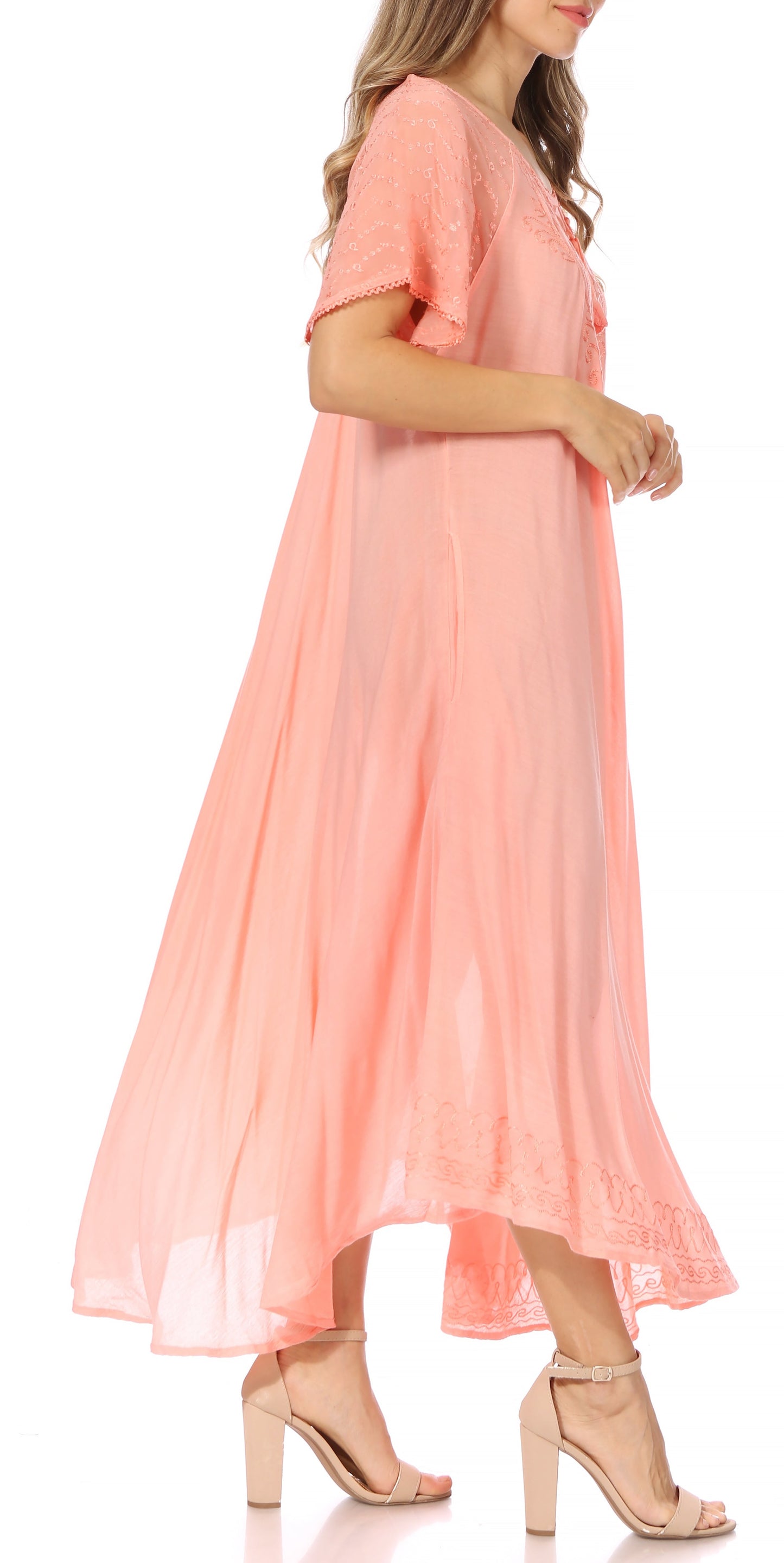 Sakkas Egan Women's Long Embroidered Caftan Dress / Cover Up With Embroidered Cap Sleeves - Concordia Style Boutique