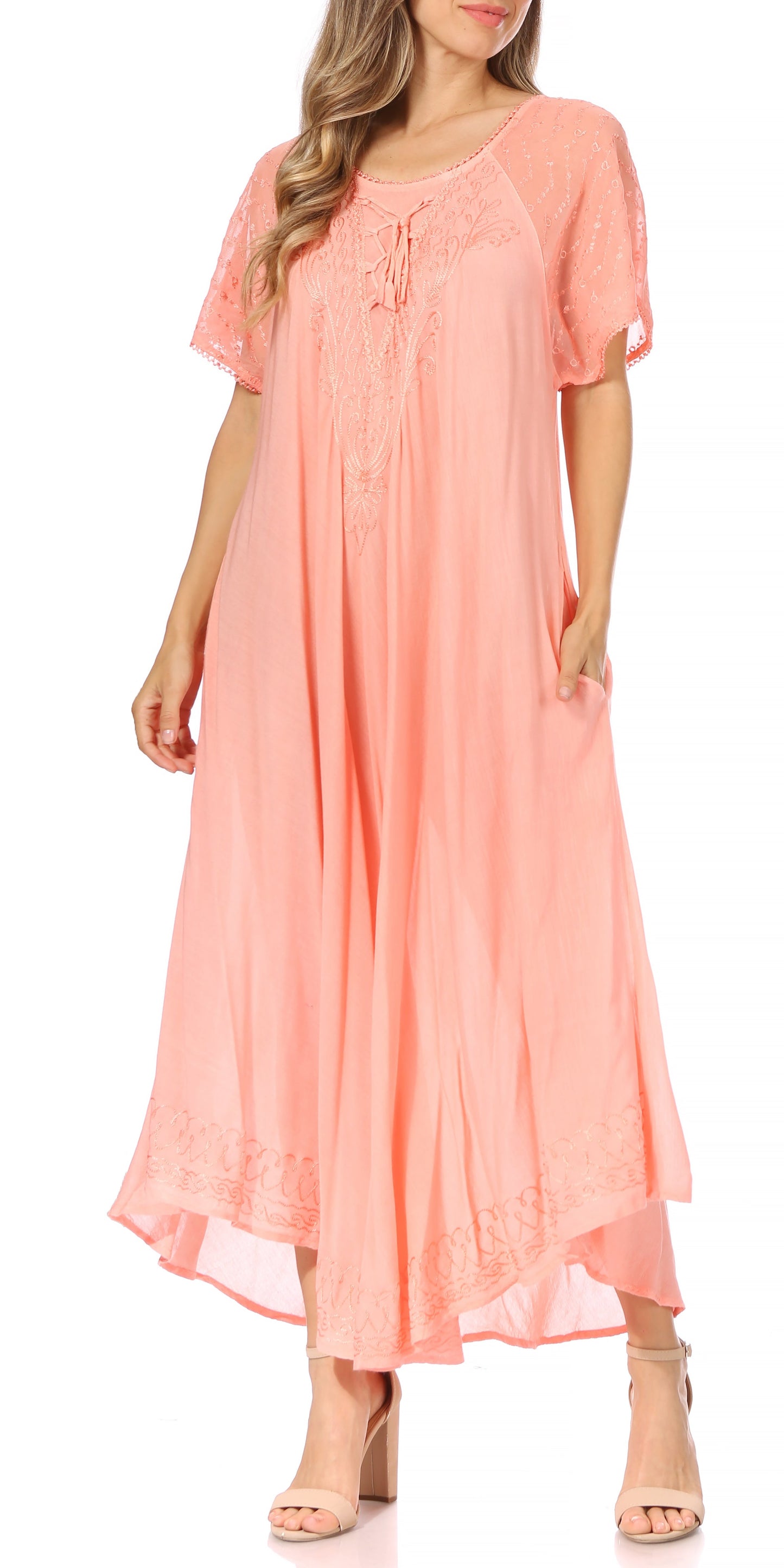 Sakkas Egan Women's Long Embroidered Caftan Dress / Cover Up With Embroidered Cap Sleeves - Concordia Style Boutique