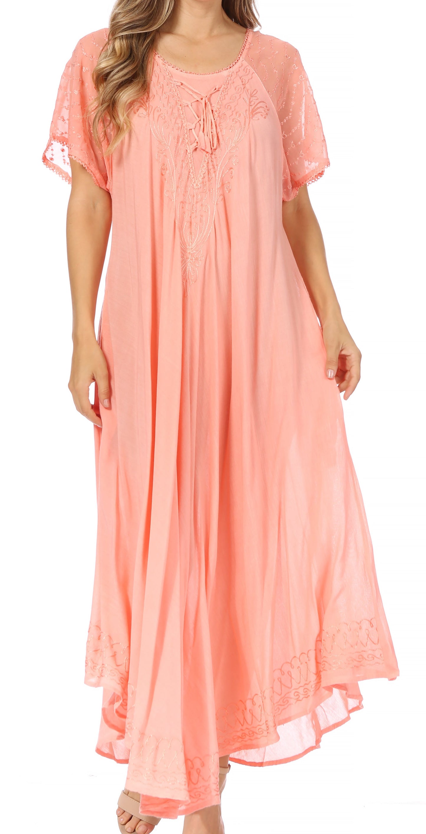 Sakkas Egan Women's Long Embroidered Caftan Dress / Cover Up With Embroidered Cap Sleeves - Concordia Style Boutique