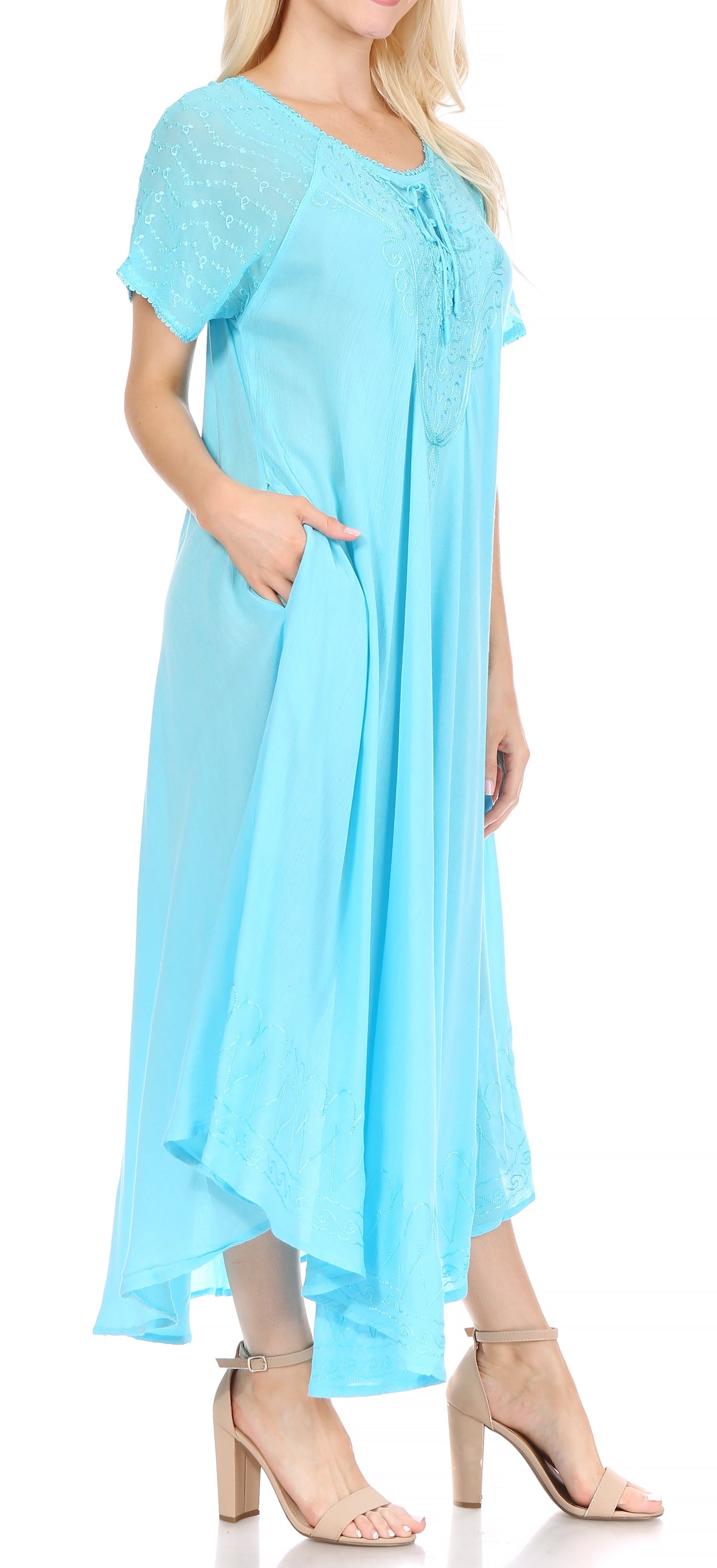 Sakkas Egan Women's Long Embroidered Caftan Dress / Cover Up With Embroidered Cap Sleeves - Concordia Style Boutique