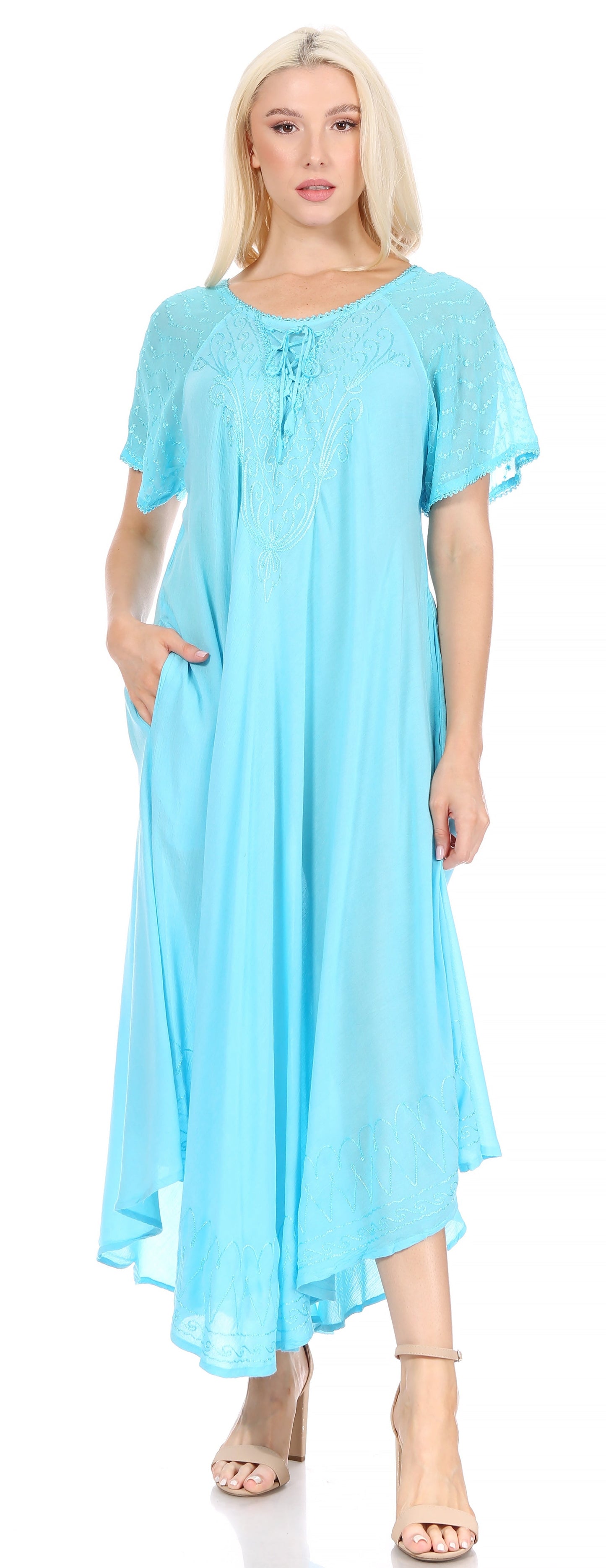 Sakkas Egan Women's Long Embroidered Caftan Dress / Cover Up With Embroidered Cap Sleeves - Concordia Style Boutique