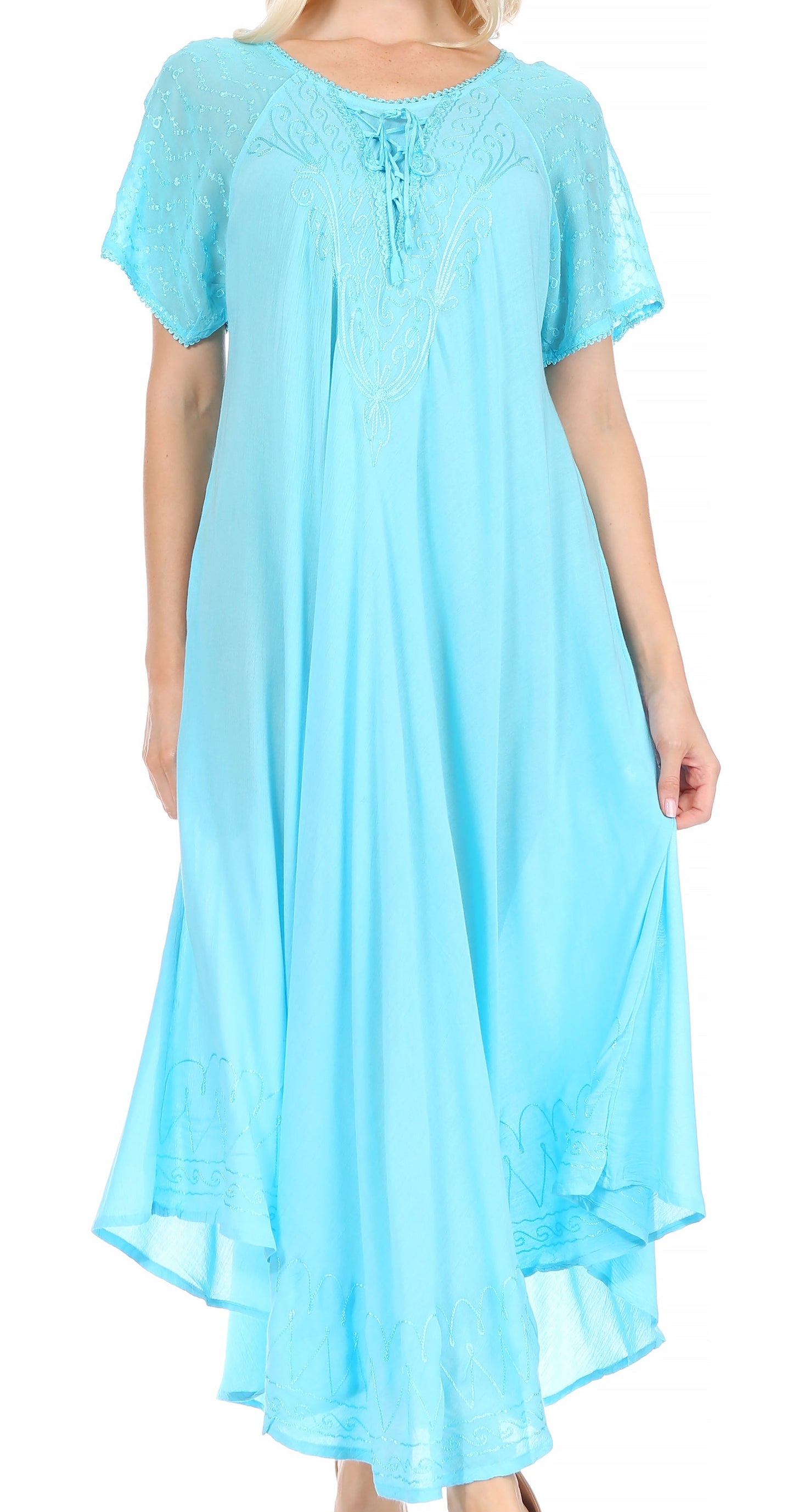 Sakkas Egan Women's Long Embroidered Caftan Dress / Cover Up With Embroidered Cap Sleeves - Concordia Style Boutique