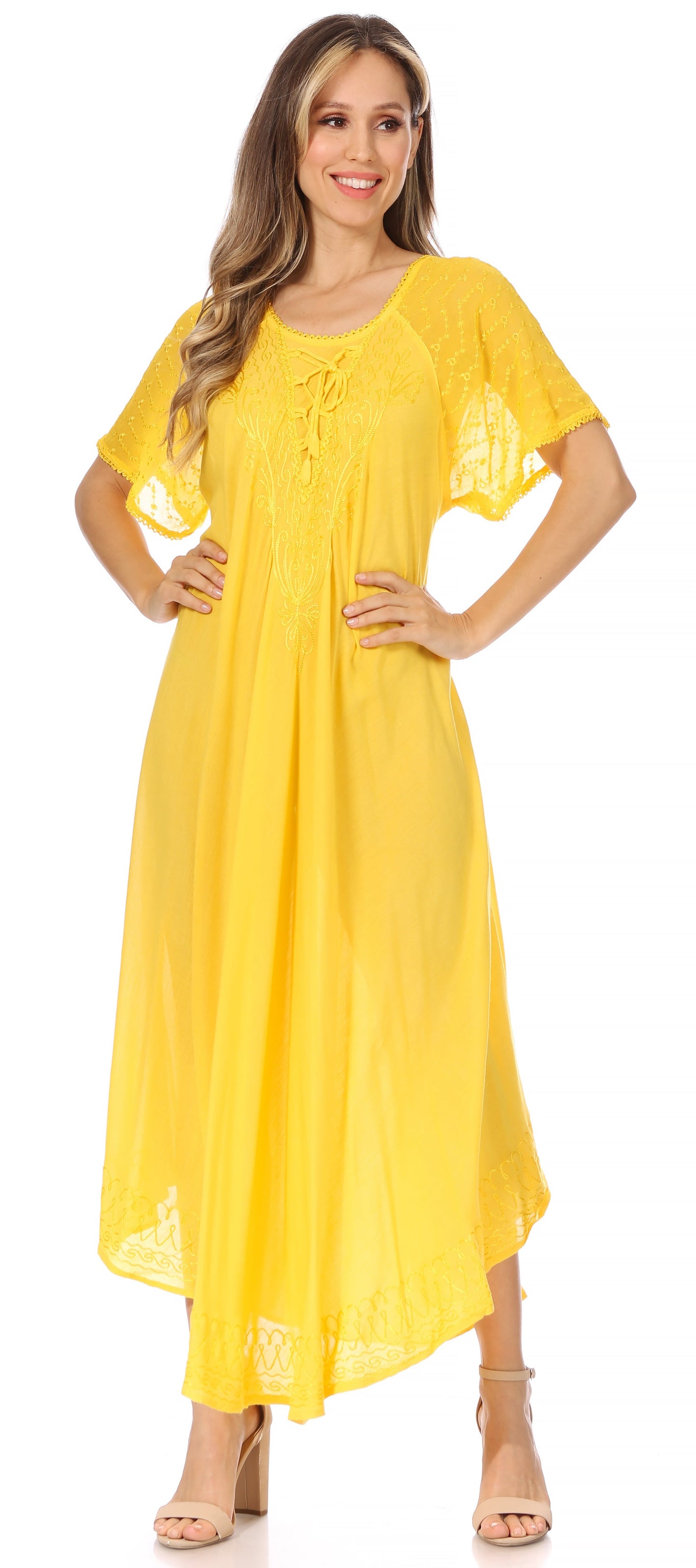 Sakkas Egan Women's Long Embroidered Caftan Dress / Cover Up With Embroidered Cap Sleeves - Concordia Style Boutique