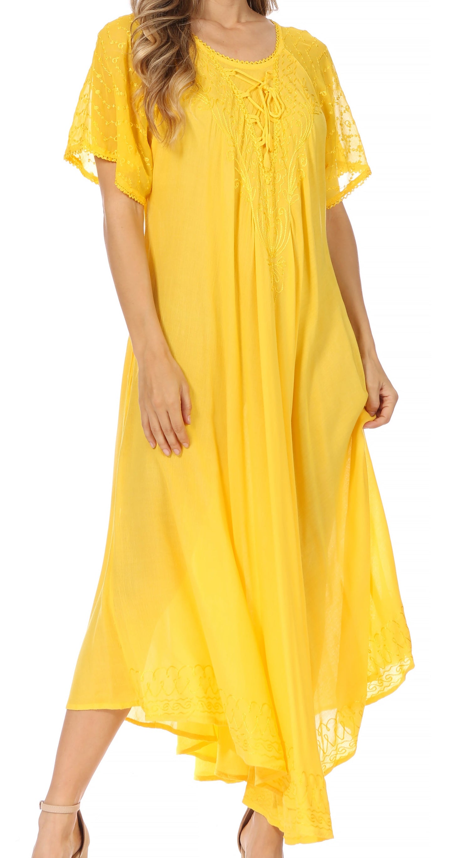 Sakkas Egan Women's Long Embroidered Caftan Dress / Cover Up With Embroidered Cap Sleeves - Concordia Style Boutique