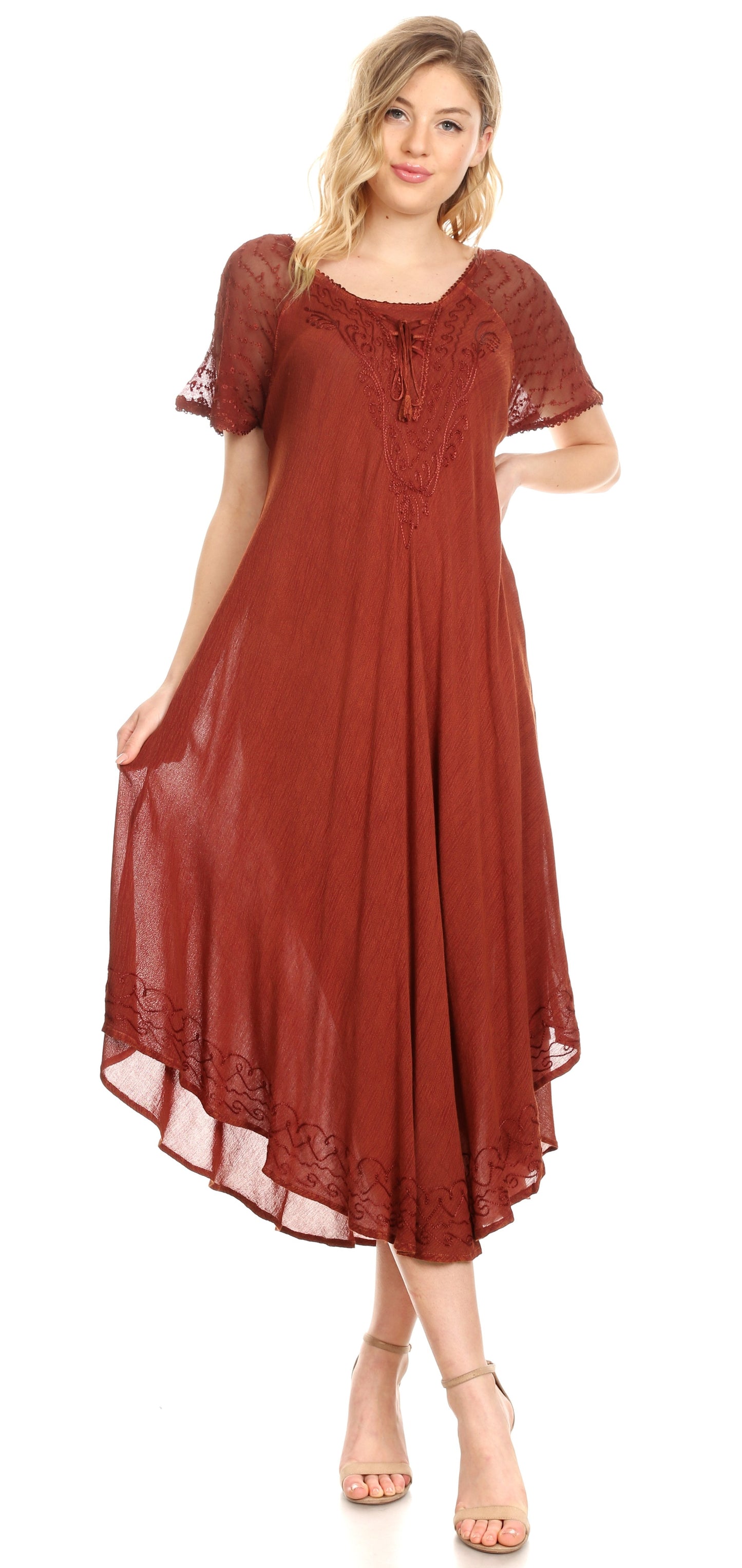 Sakkas Egan Women's Long Embroidered Caftan Dress / Cover Up With Embroidered Cap Sleeves - Concordia Style Boutique