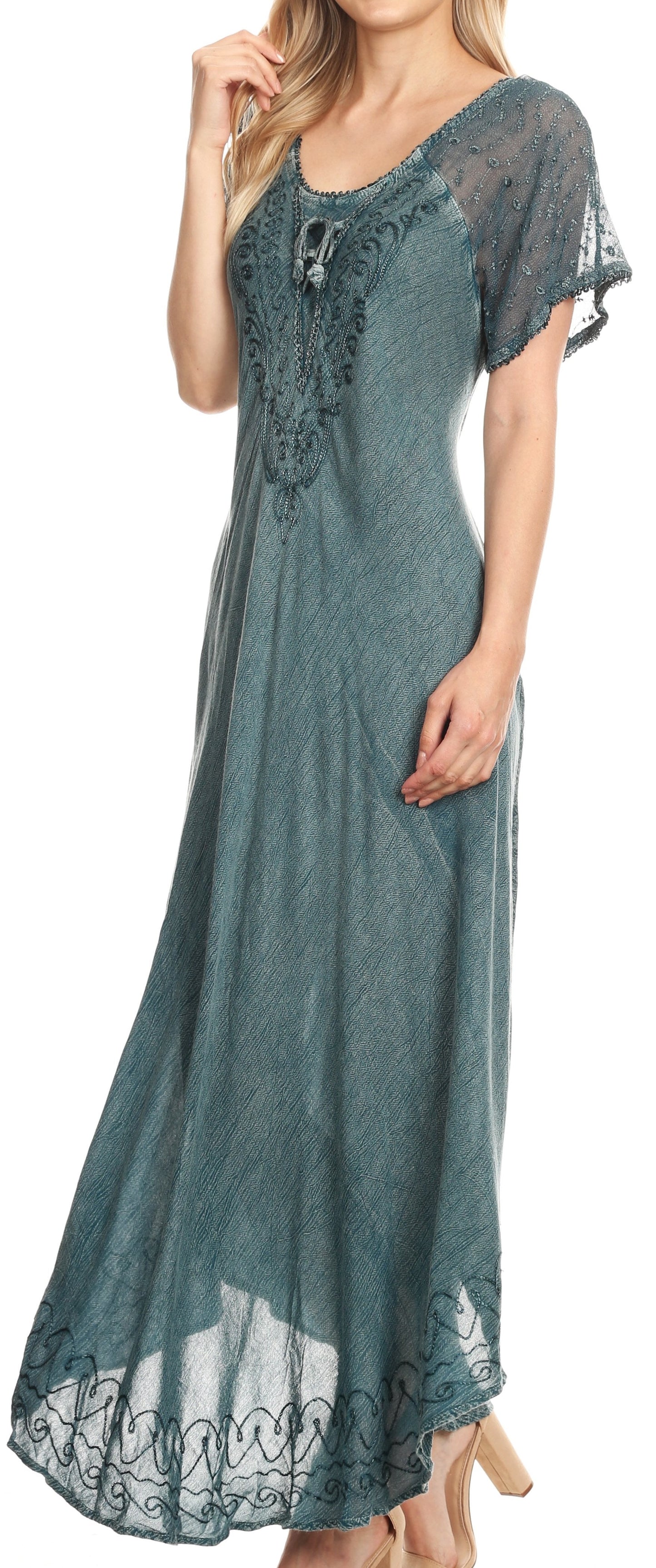 Sakkas Egan Women's Long Embroidered Caftan Dress / Cover Up With Embroidered Cap Sleeves - Concordia Style Boutique