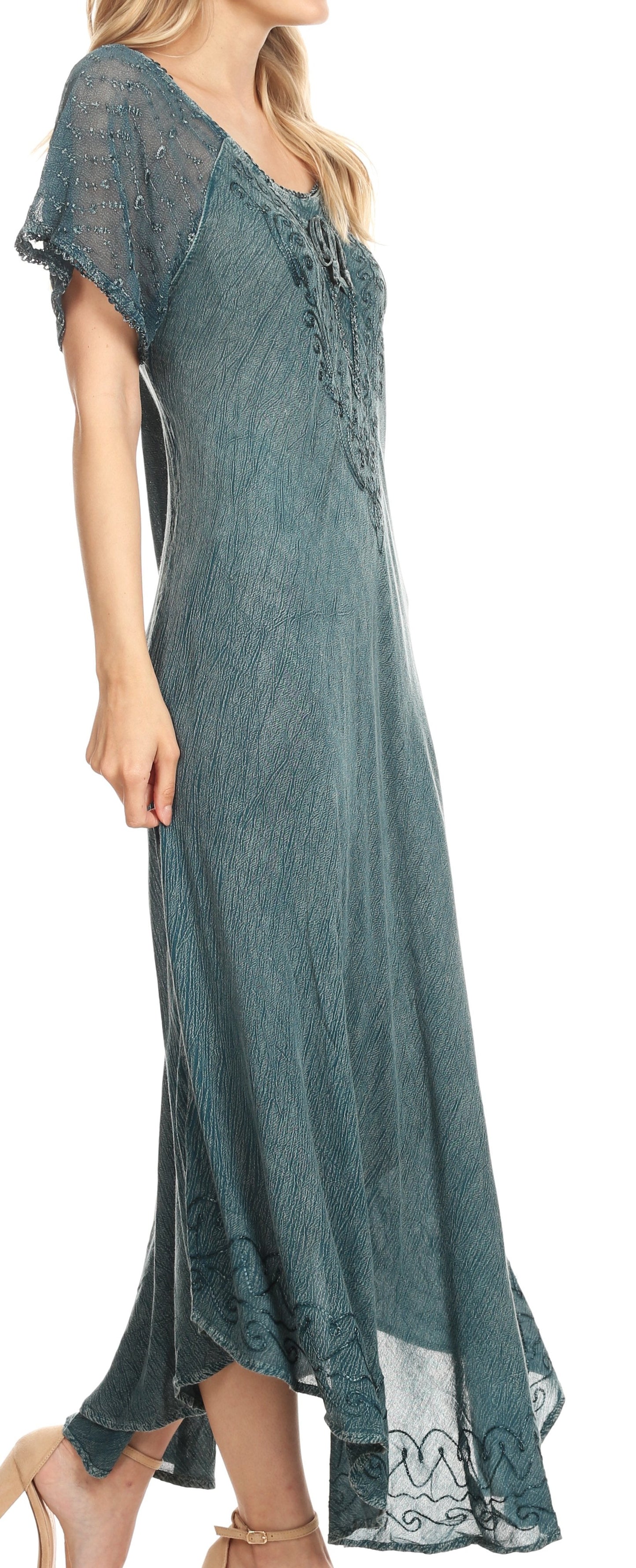 Sakkas Egan Women's Long Embroidered Caftan Dress / Cover Up With Embroidered Cap Sleeves - Concordia Style Boutique
