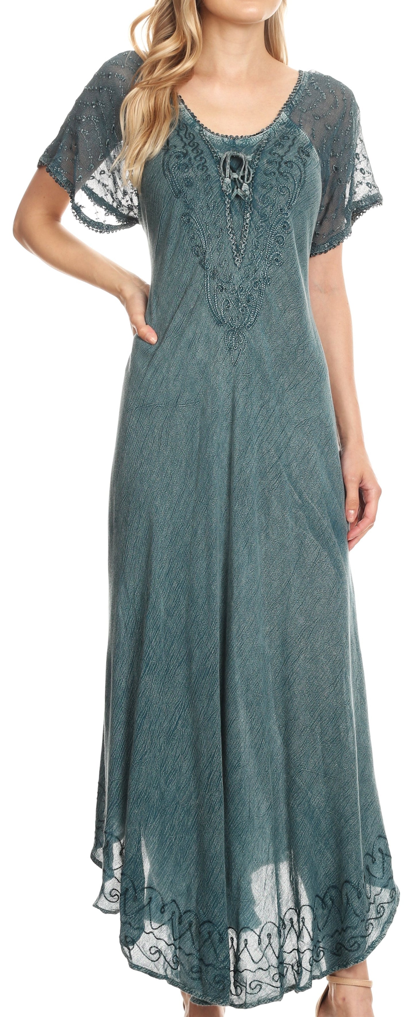 Sakkas Egan Women's Long Embroidered Caftan Dress / Cover Up With Embroidered Cap Sleeves - Concordia Style Boutique