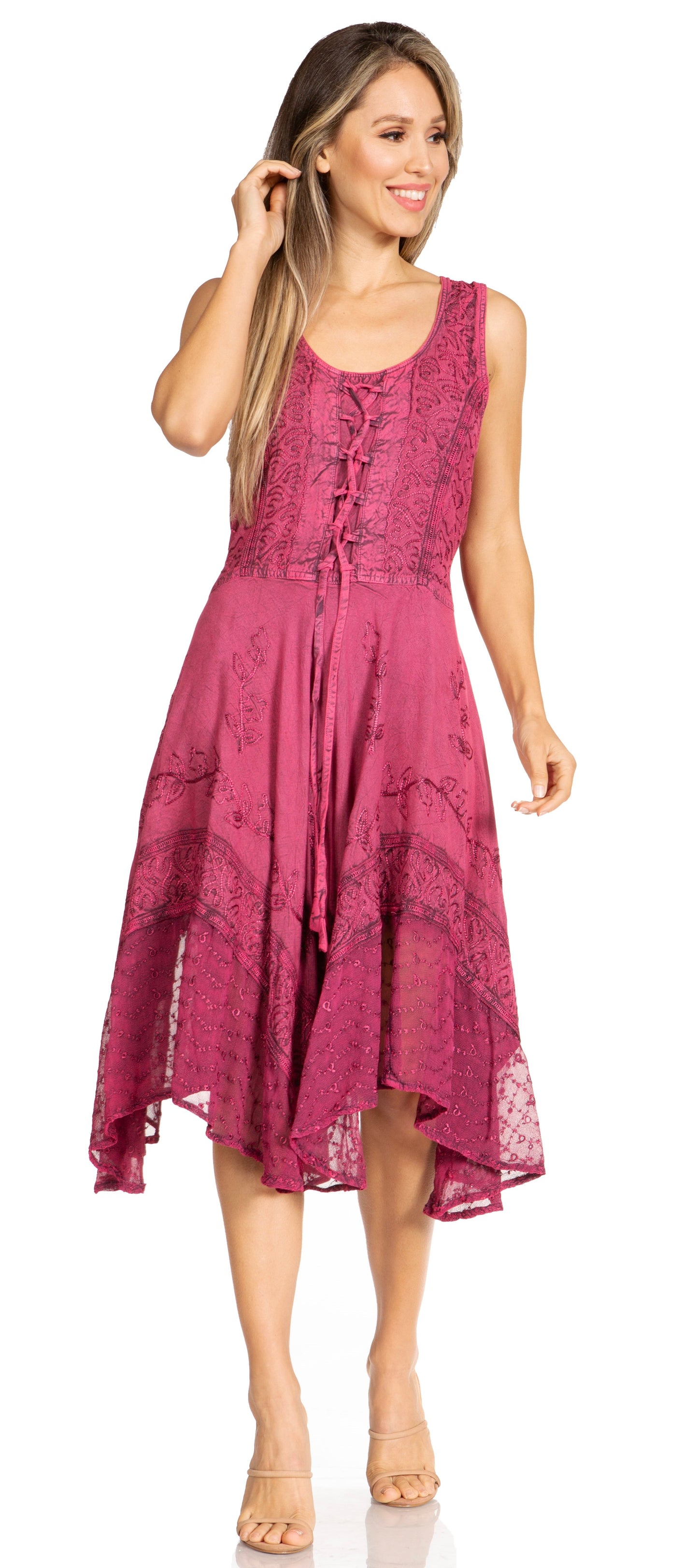 Sakkas Magdilena Stonewashed Corset Front Embroidered Dress - Concordia Style Boutique