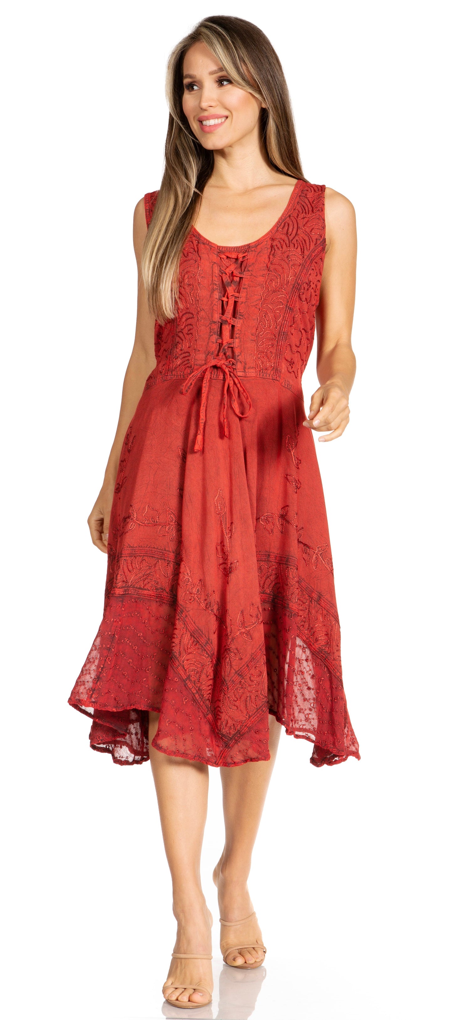 Sakkas Magdilena Stonewashed Corset Front Embroidered Dress - Concordia Style Boutique