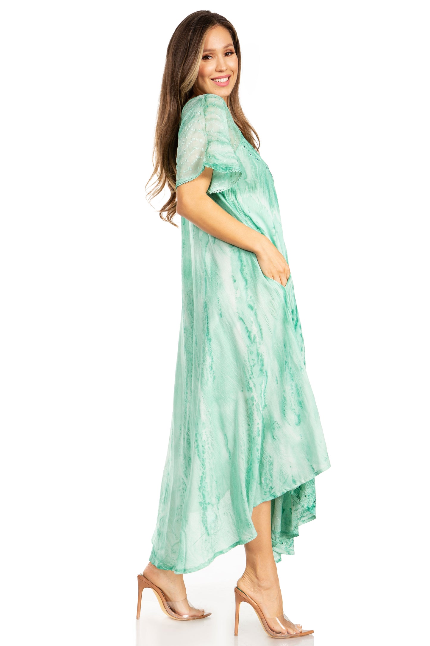 Sakkas Myani Two Tone Embroidered Sheer Cap Sleeve Caftan Long Dress | Cover Up - Concordia Style Boutique